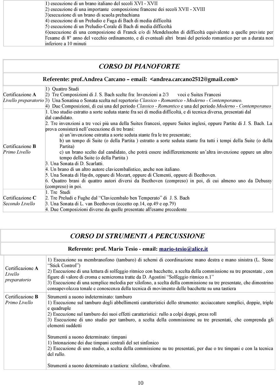 a quelle previste per l'esame di 8 anno del vecchio ordinamento, e di eventuali altri brani del periodo romantico per un a durata non inferiore a 10 minuti CORSO DI PIANOFORTE Referente: prof.