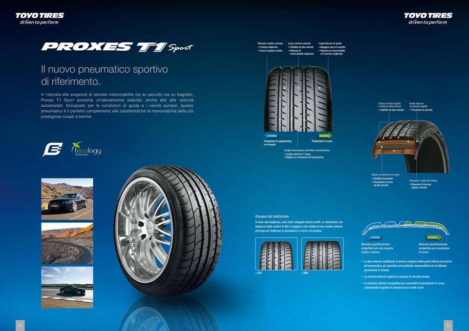 In risposta alle esigenze di elevata manovrabilità sia su asciutto sia su bagnato, Proxes T1 Sport presenta un elevatissima stabilità, anche alle alte velocità autostradali.