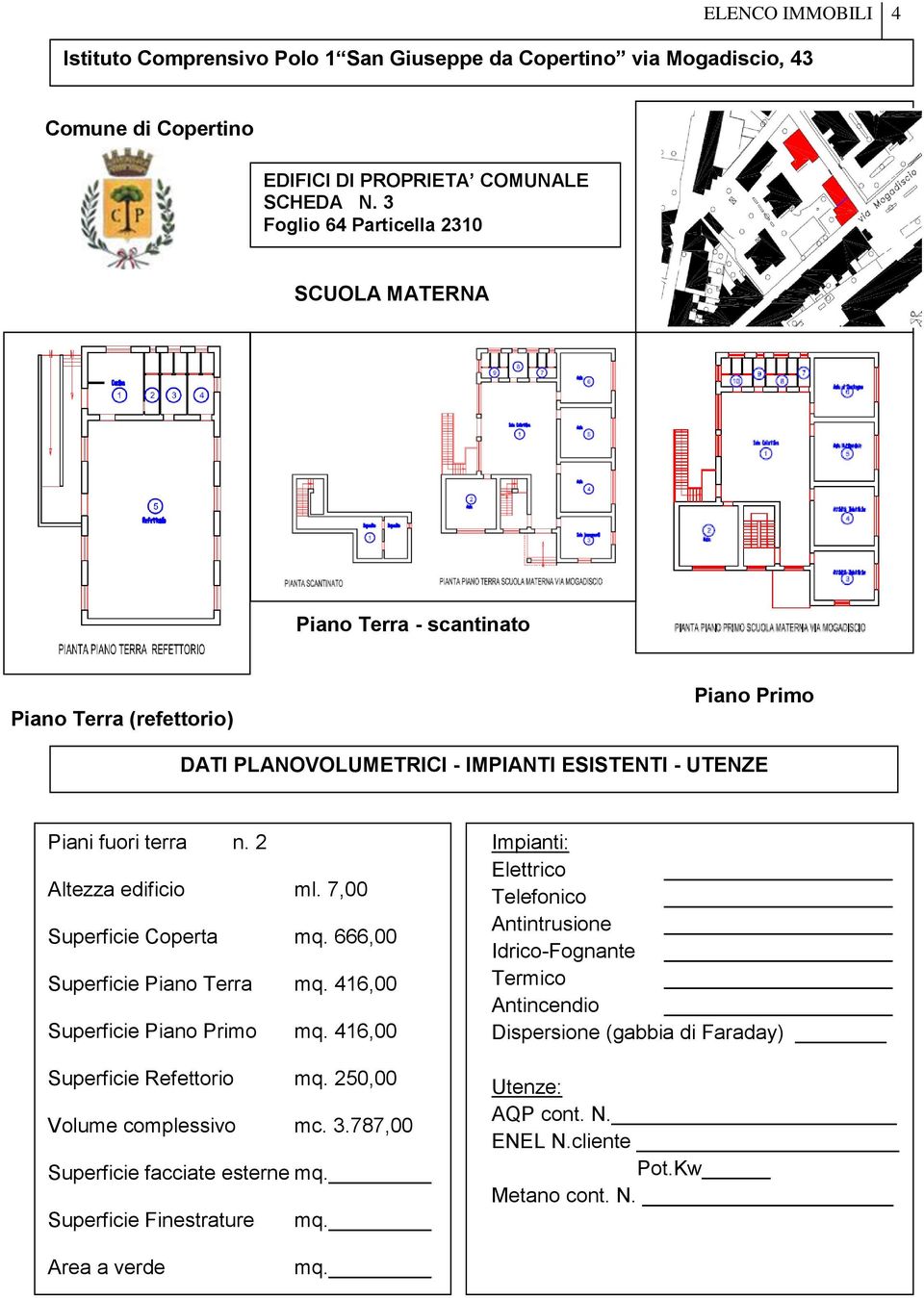 Piani fuori terra n. 2 Altezza edificio ml. 7,00 Superficie Coperta mq. 666,00 Superficie Piano Terra mq.