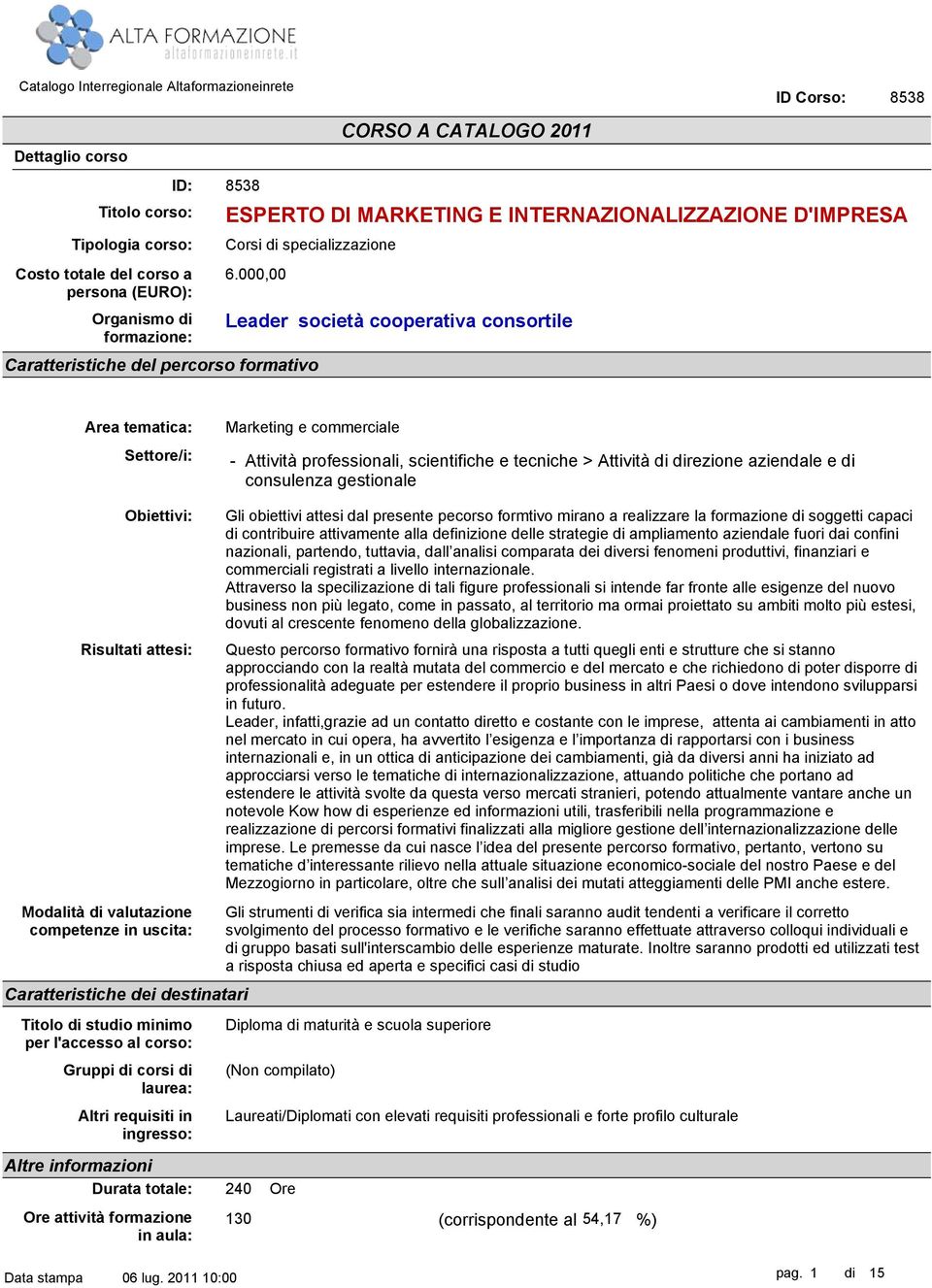 000,00 CORSO A CATALOGO 2011 Leader società cooperativa consortile Area tematica: Settore/i: - Attività professionali, scientifiche e tecniche > Attività di direzione aziendale e di consulenza