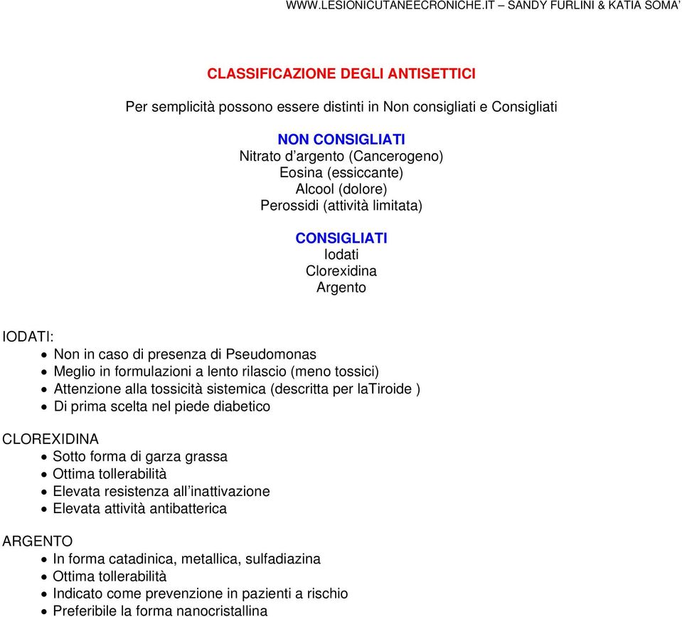 Attenzione alla tossicità sistemica (descritta per latiroide ) Di prima scelta nel piede diabetico CLOREXIDINA Sotto forma di garza grassa Ottima tollerabilità Elevata resistenza all