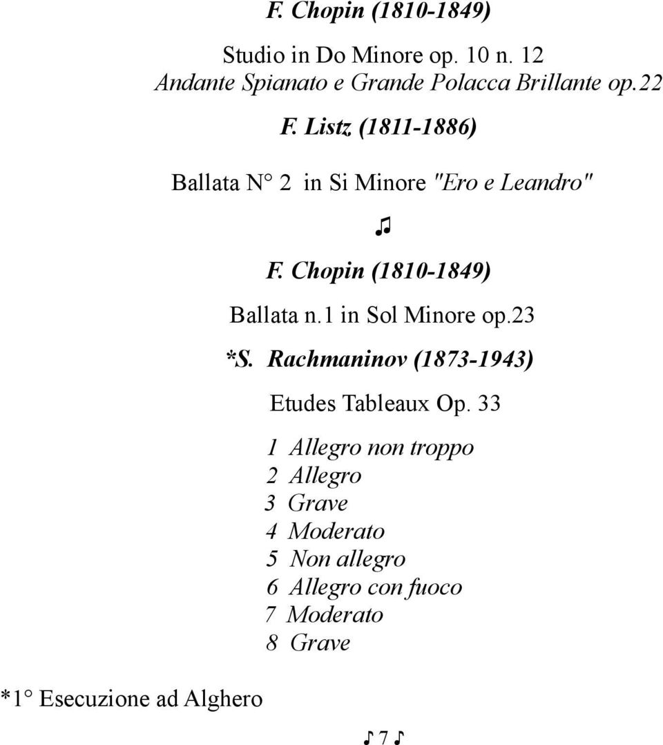 Listz (1811-1886) Ballata N 2 in Si Minore "Ero e Leandro" F. Chopin (1810-1849) Ballata n.