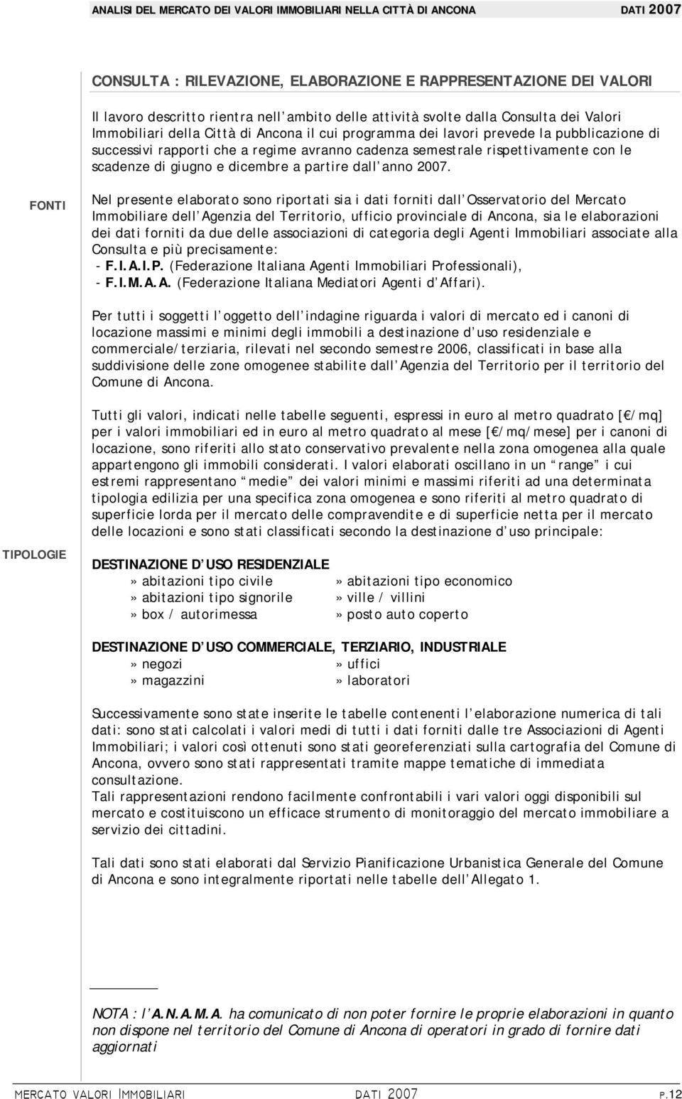 FONTI Nel presente elaborato sono riportati sia i dati forniti dall Osservatorio del Mercato Immobiliare dell Agenzia del Territorio, ufficio provinciale di Ancona, sia le elaborazioni dei dati