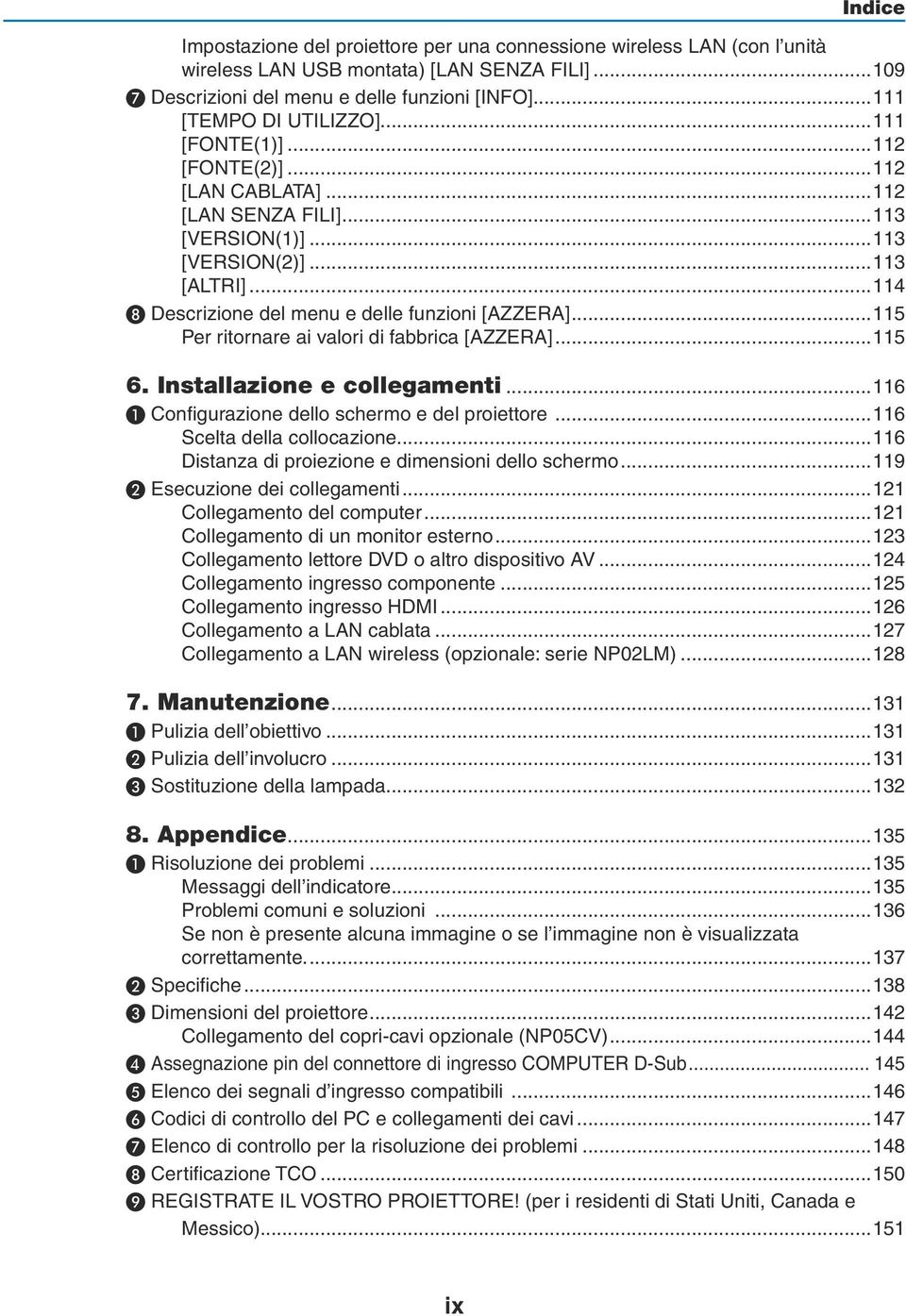 ..114 ❽ Descrizione del menu e delle funzioni [AZZERA]...115 Per ritornare ai valori di fabbrica [AZZERA]...115 6. Installazione e collegamenti...116 ❶ Configurazione dello schermo e del proiettore.