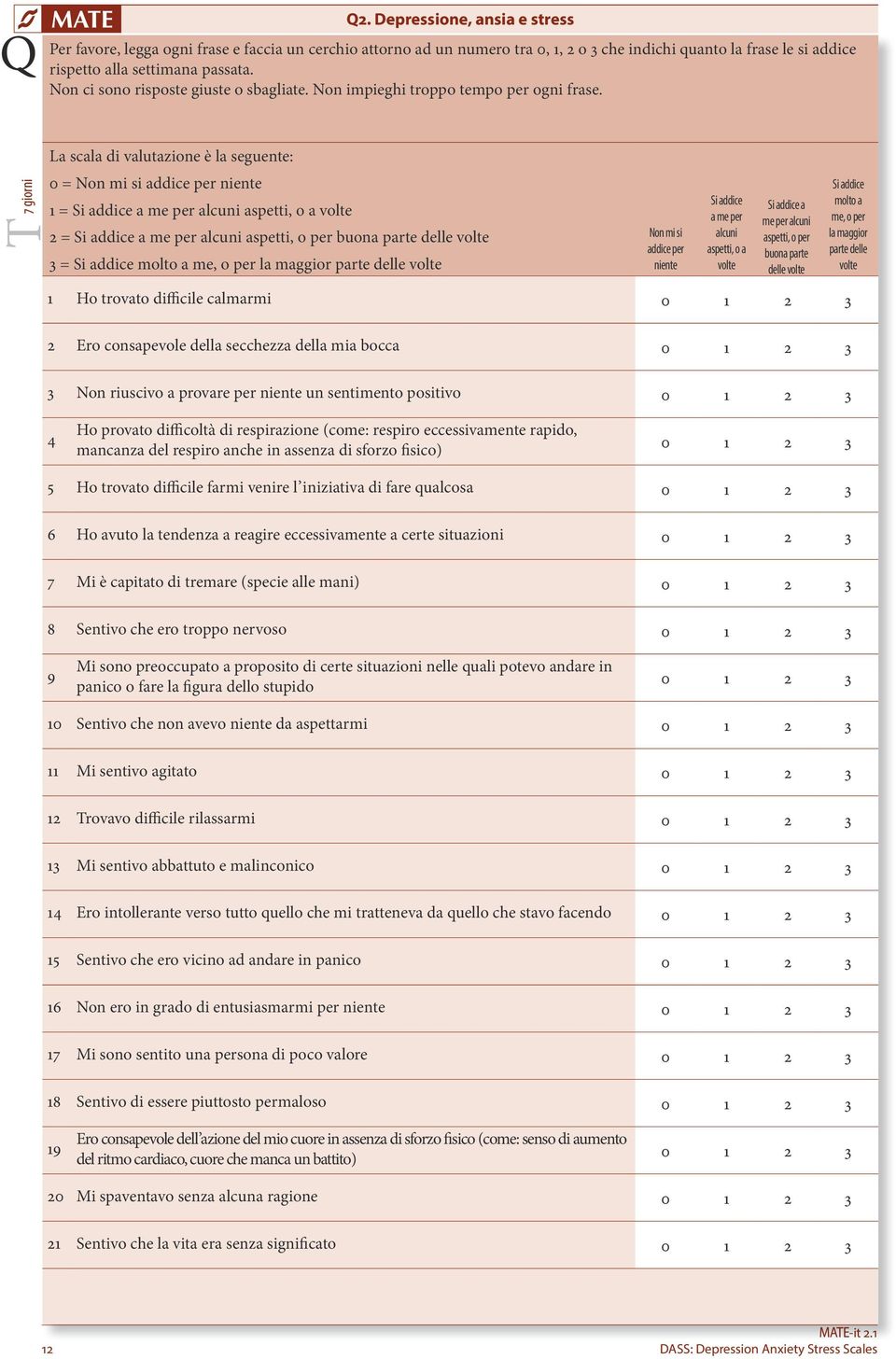 La scala di valutazione è la seguente: 0 = n mi si addice per niente 1 = addice a me per alcuni aspetti, o a volte 2 = addice a me per alcuni aspetti, o per buona parte delle volte 3 = addice molto a