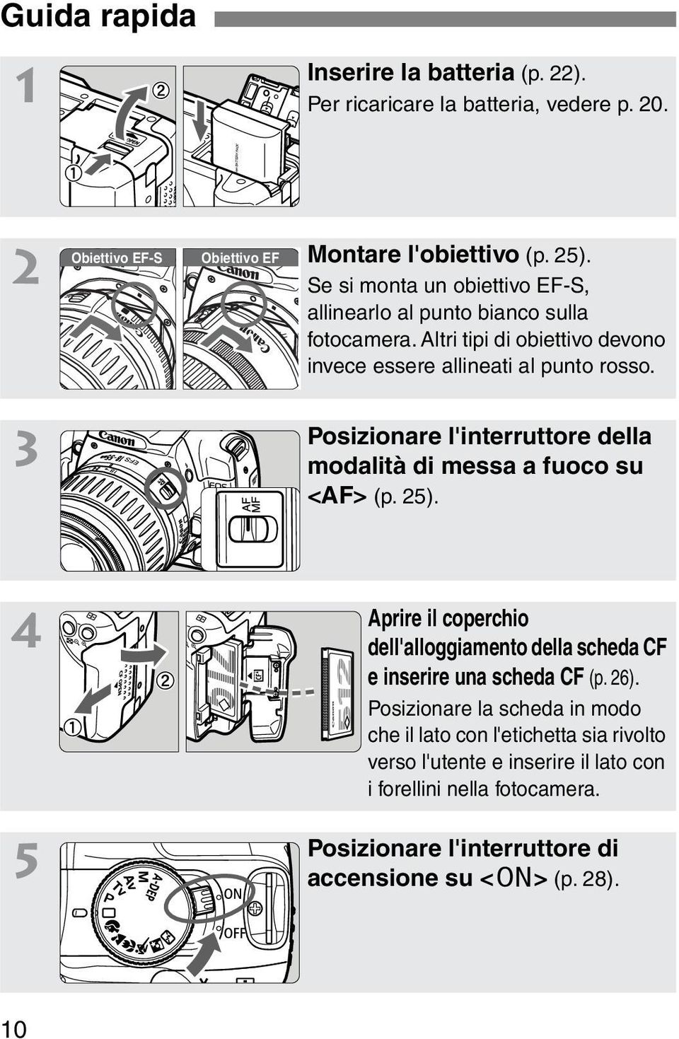 3 Posizionare l'interruttore della modalità di messa a fuoco su <AF> (p. 25). 4 Aprire il coperchio dell'alloggiamento della scheda CF e inserire una scheda CF (p.