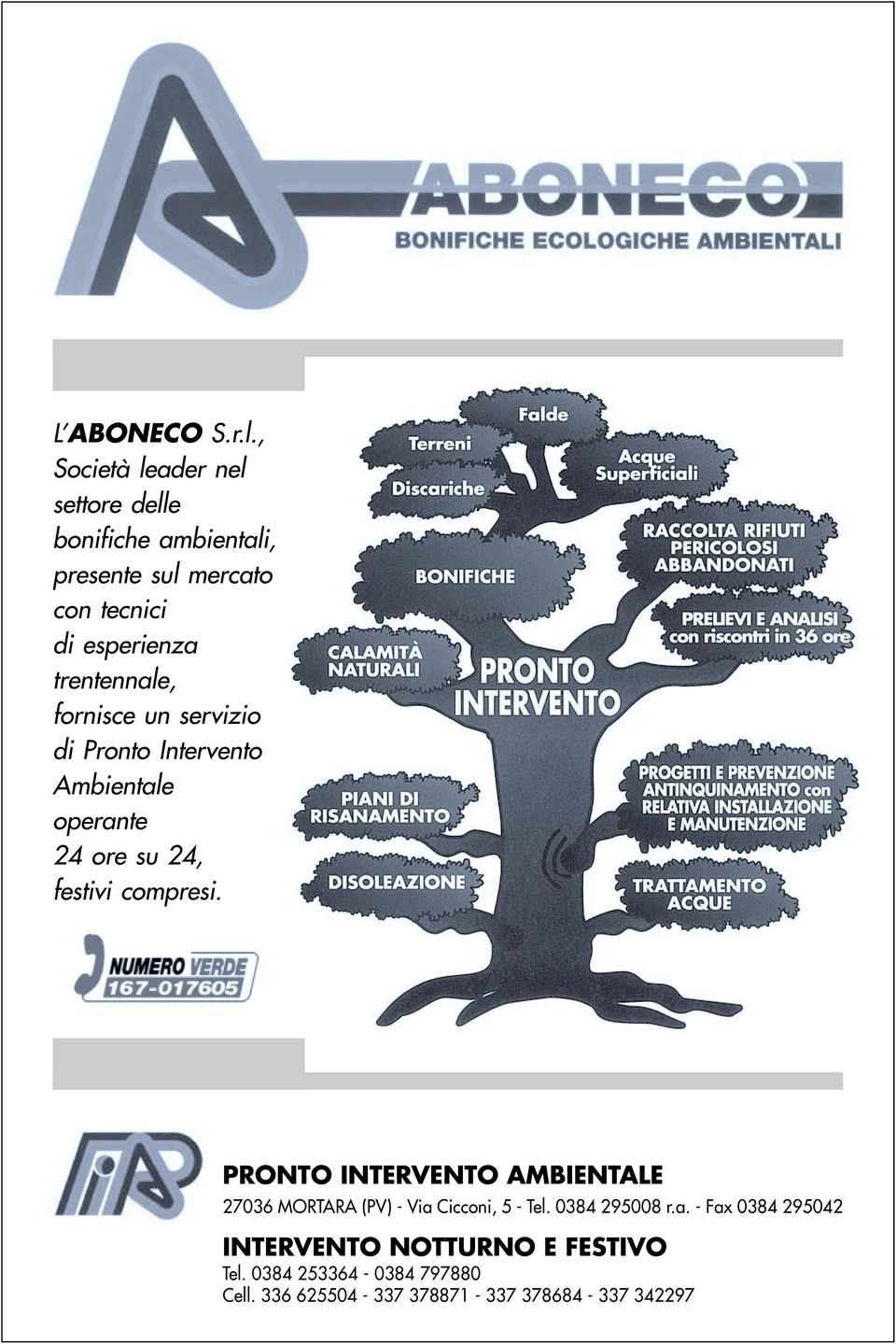 trentennale, fornisce un servizio di Pronto Intervento Ambientale operante 24 ore su 24, festivi compresi.