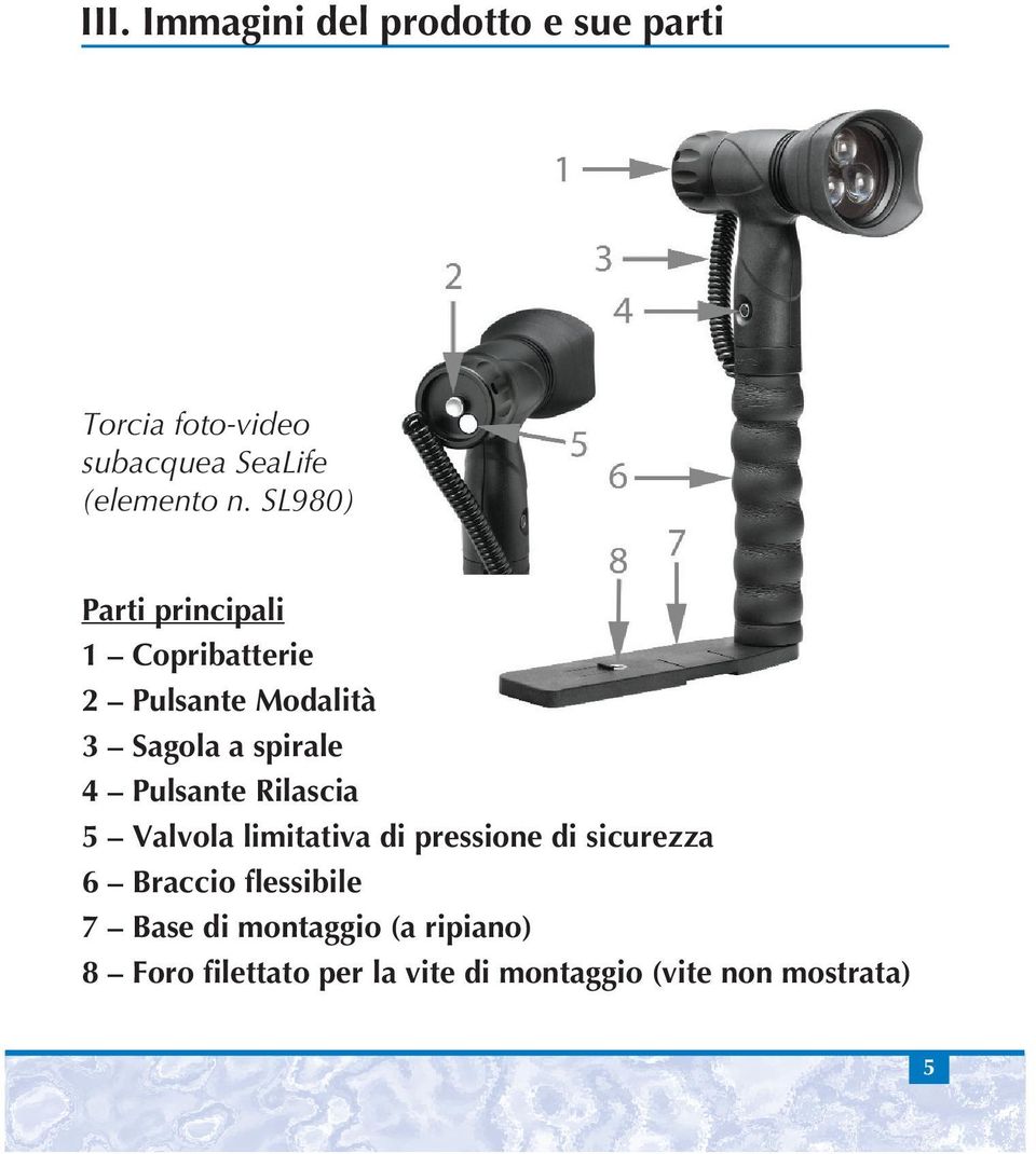 Pulsante Rilascia 5 Valvola limitativa di pressione di sicurezza 6 Braccio flessibile 7