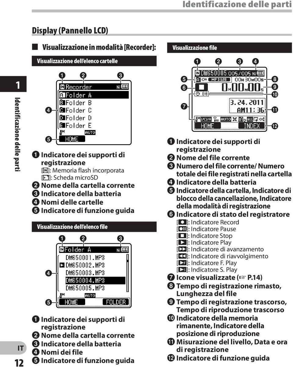 funzione guida Visualizzazione dell elenco file 1 2 3 1 Indicatore dei supporti di registrazione 2 Nome della cartella corrente 3 Indicatore della batteria 4 Nomi dei file 5 Indicatore di funzione