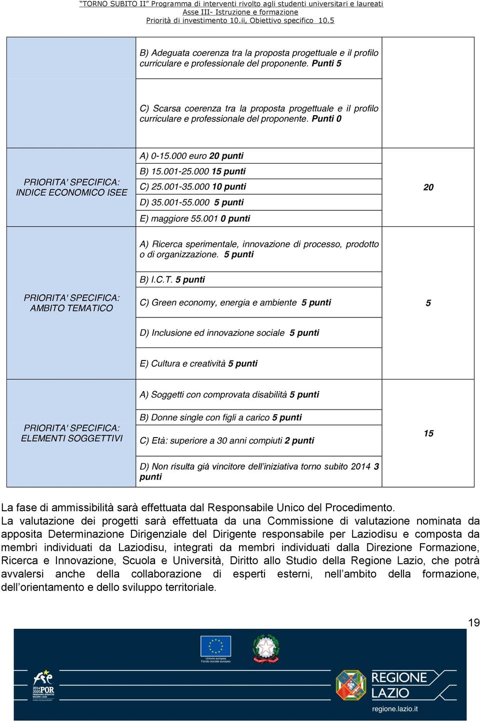 001-25.000 15 punti C) 25.001-35.000 10 punti D) 35.001-55.000 5 punti E) maggiore 55.001 0 punti 20 A) Ricerca sperimentale, innovazione di processo, prodotto o di organizzazione.