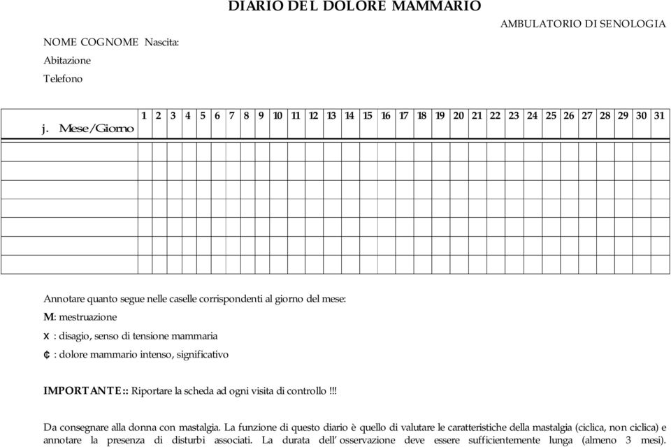 mestruazione x: disagio, senso di tensione mammaria : dolore mammario intenso, significativo IMPORTANTE:: Riportare la scheda ad ogni visita di controllo!