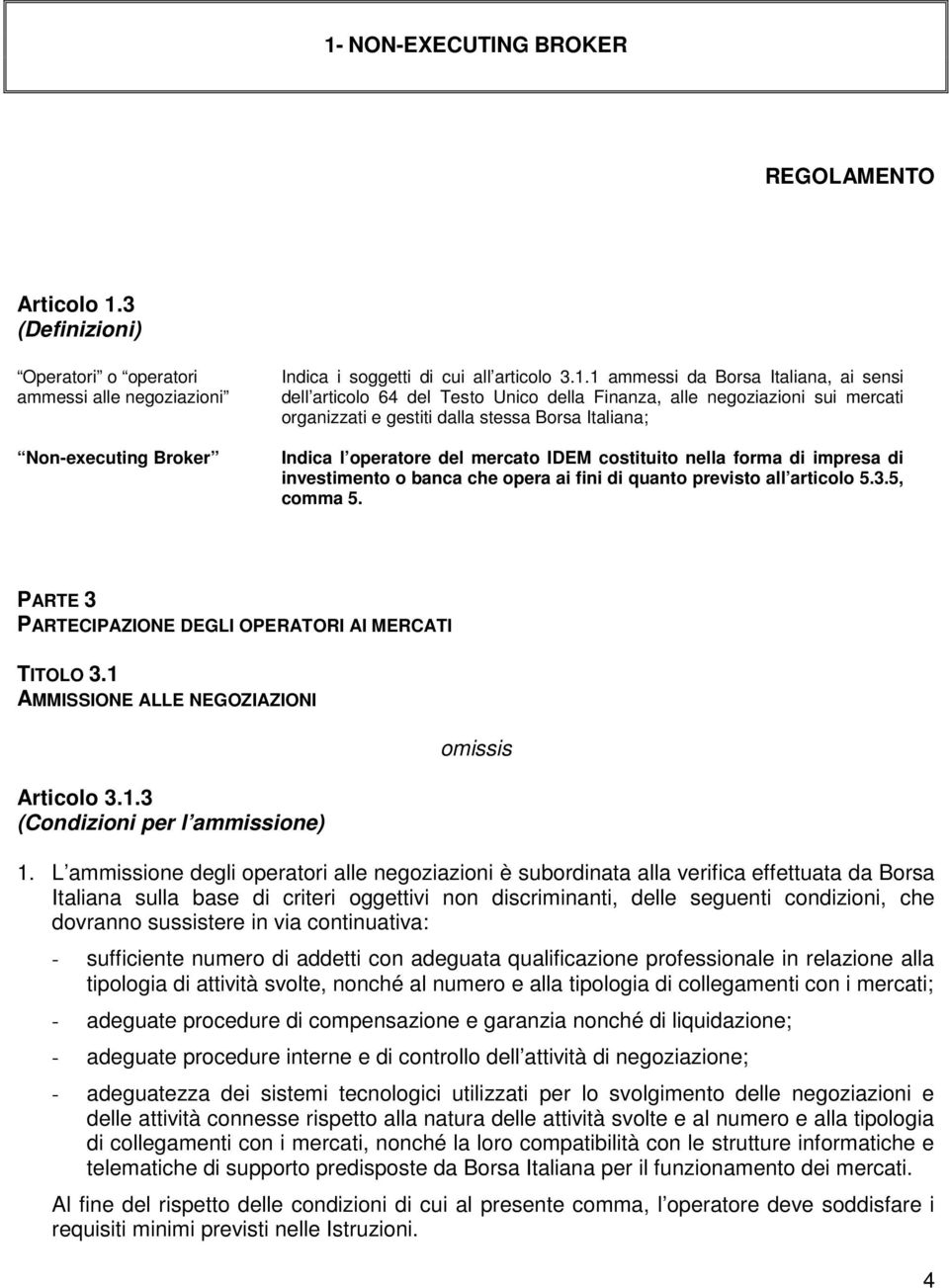 nella forma di impresa di investimento o banca che opera ai fini di quanto previsto all articolo 5.3.5, comma 5. PARTE 3 PARTECIPAZIONE DEGLI OPERATORI AI MERCATI TITOLO 3.