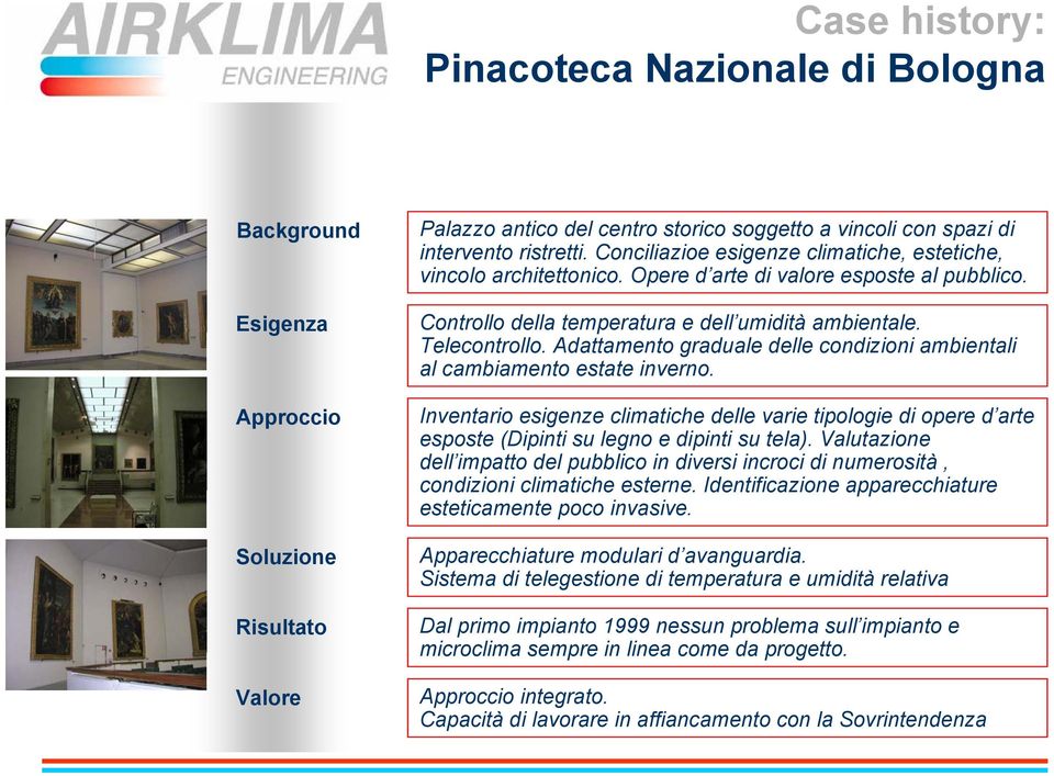 Adattamento graduale delle condizioni ambientali al cambiamento estate inverno. Inventario esigenze climatiche delle varie tipologie di opere d arte esposte (Dipinti su legno e dipinti su tela).