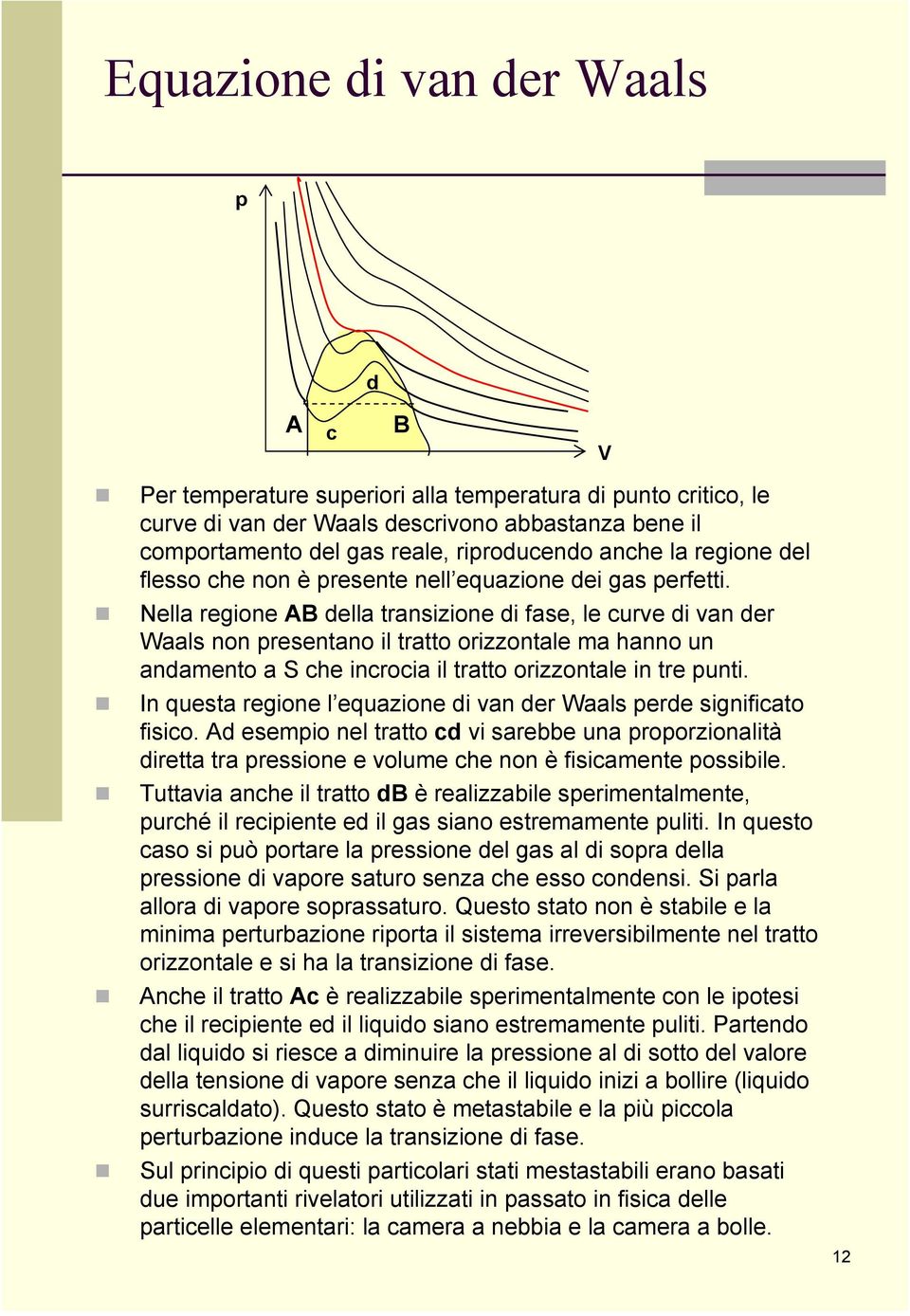 Nella regione AB della transizione di fase, le curve di van der Waals non presentano il tratto orizzontale ma hanno un andamento a S che incrocia il tratto orizzontale in tre punti.