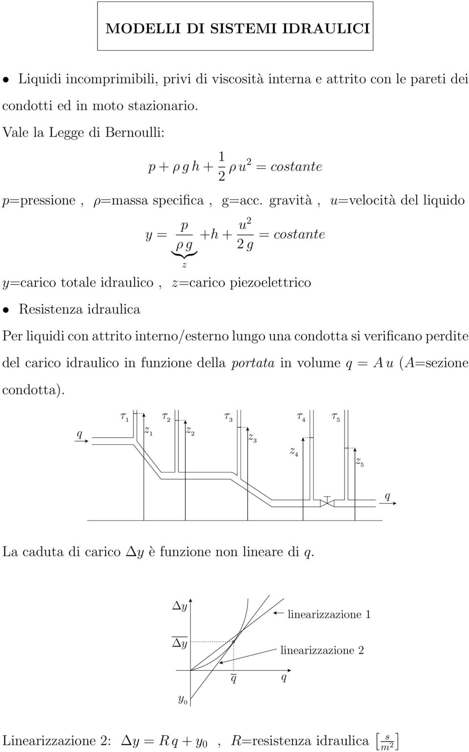 gravità, u=velocità del liquido = p ρg }{{} z +h + u2 2 g = costante =carico totale idraulico, z=carico piezoelettrico Resistenza idraulica Per liquidi con attrito interno/esterno