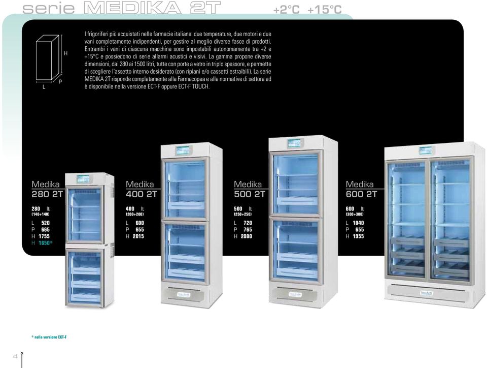 La gamma propone diverse dimensioni, dai 280 ai 1500 litri, tutte con porte a vetro in triplo spessore, e permette di scegliere l assetto interno desiderato (con ripiani e/o cassetti estraibili).