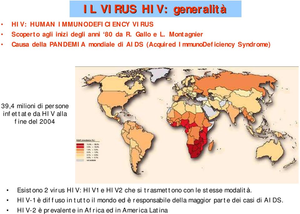 infettate da HIV alla fine del 2004 Esistono 2 virus HIV: HIV1 e HIV2 che si trasmettono con le stesse modalità.