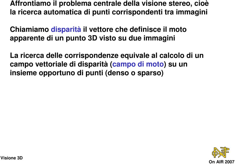 di un punto 3D visto su due immagini La ricerca delle corrispondenze equivale al calcolo di