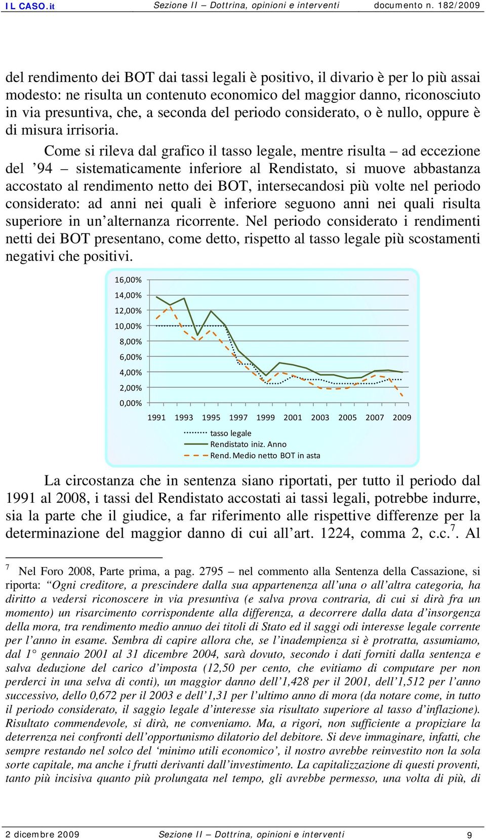 Come si rileva dal grafico il tasso legale, mentre risulta ad eccezione del 94 sistematicamente inferiore al Rendistato, si muove abbastanza accostato al rendimento netto dei BOT, intersecandosi più