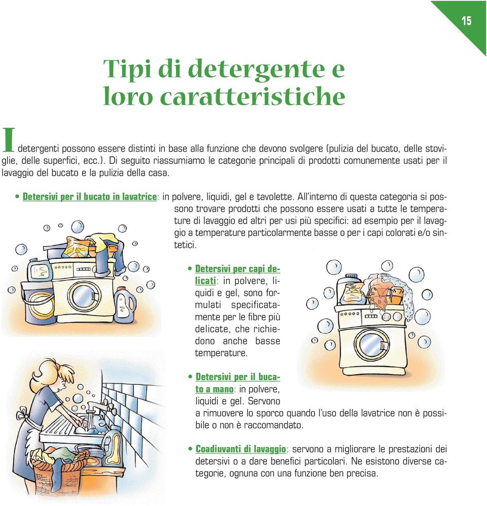 Detersivi per il bucato in lavatrice: in polvere, liquidi, gel e tavolette.