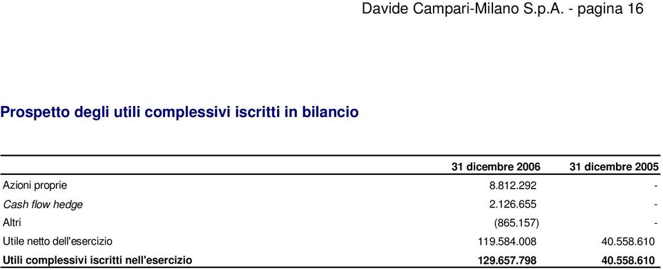 2006 31 dicembre 2005 Azioni proprie 8.812.292 - Cash flow hedge 2.126.