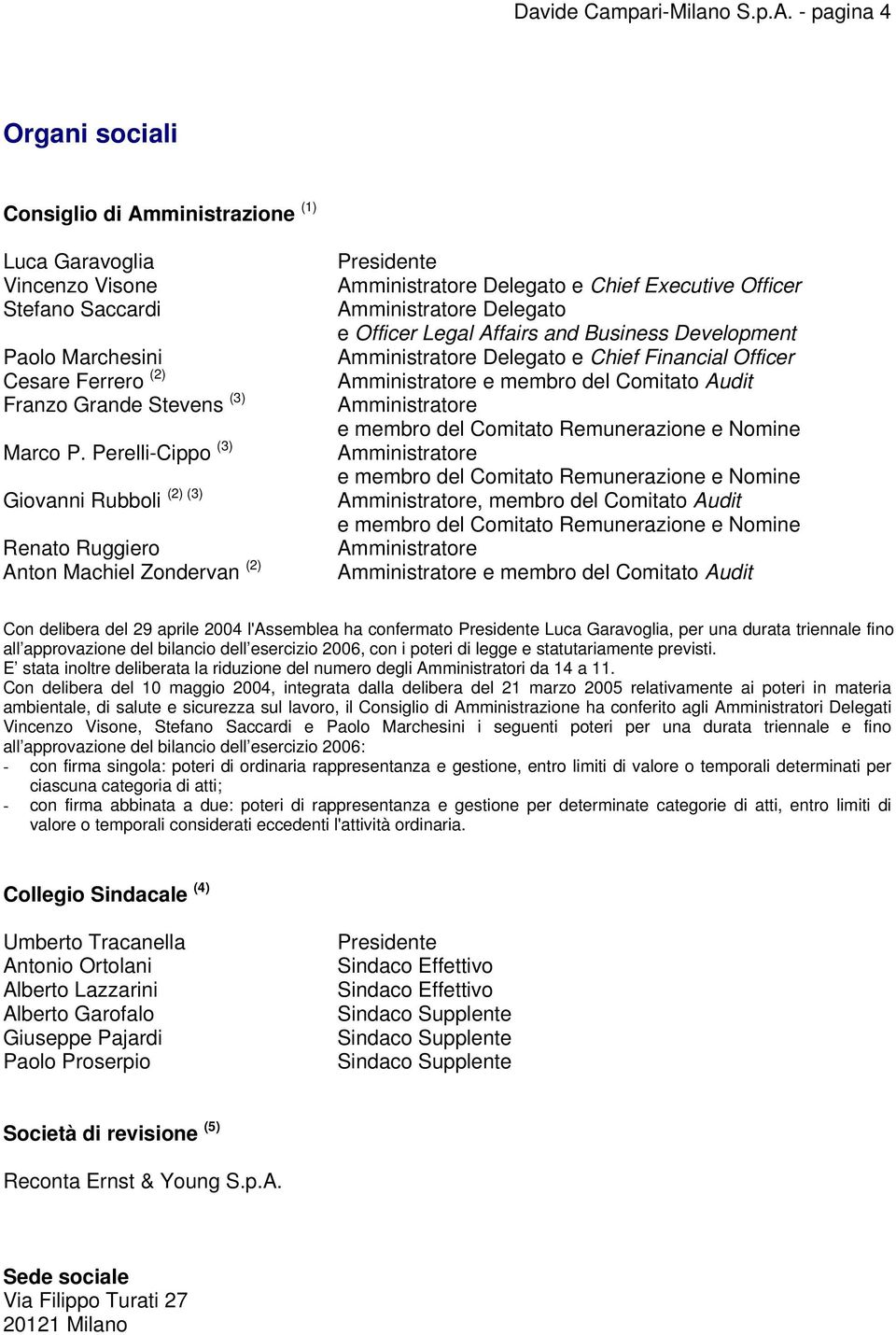 Perelli-Cippo (3) (2) (3) Giovanni Rubboli Amministratore, Renato Ruggiero Anton Machiel Zondervan (2) Presidente Amministratore Delegato e Chief Executive Officer Amministratore Delegato e Officer