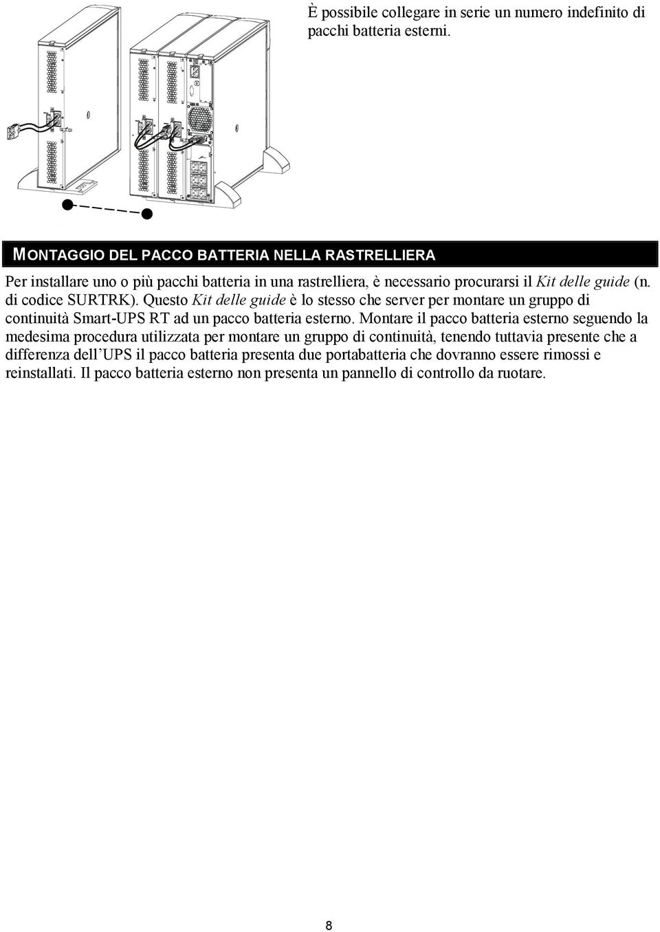 Questo Kit delle guide è lo stesso che server per montare un gruppo di continuità Smart-UPS RT ad un pacco batteria esterno.