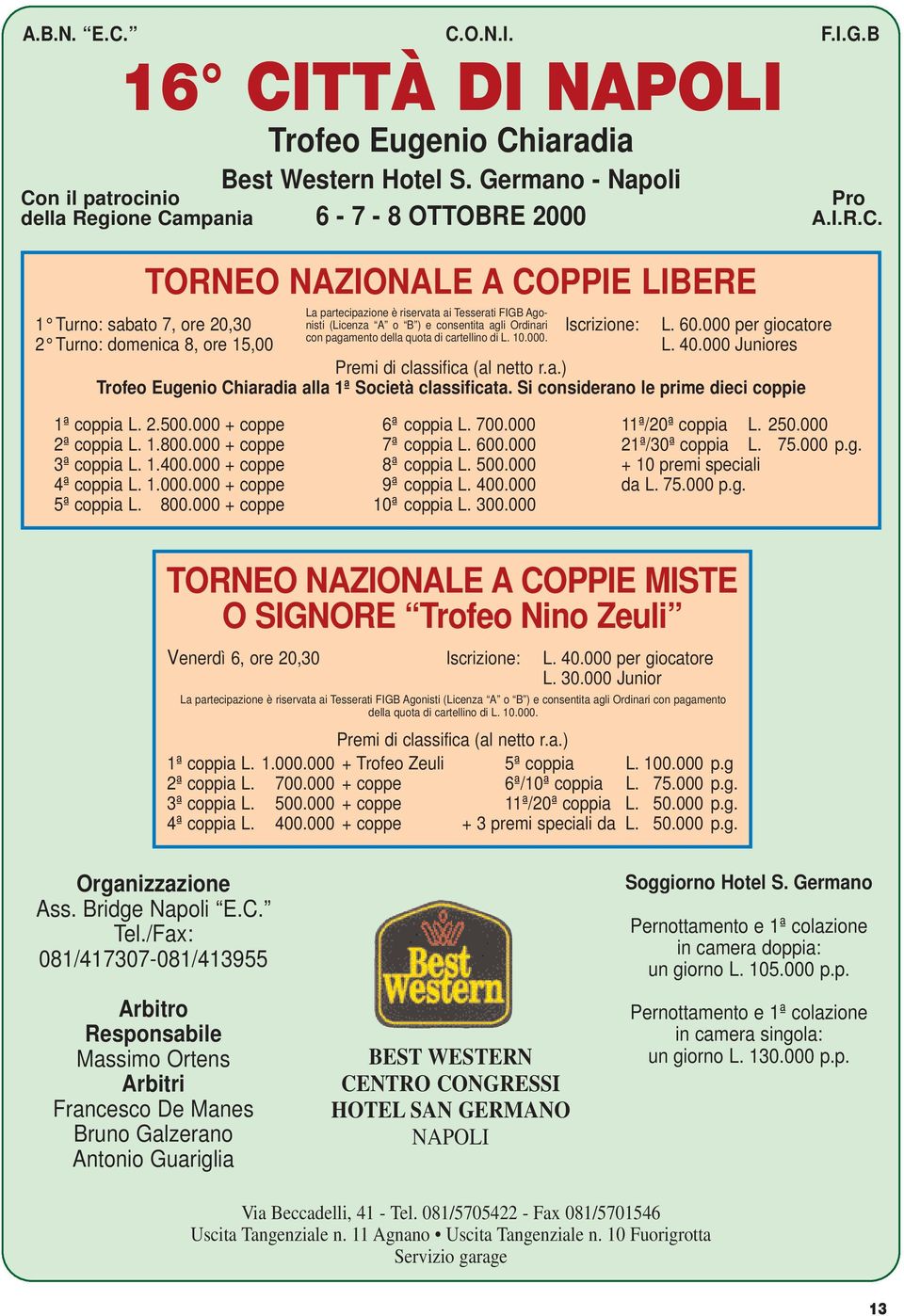 Si considerano le prime dieci coppie 1ª coppia L. 2.500.000 + coppe 6ª coppia L. 700.000 11ª/20ª coppia L. 250.000 2ª coppia L. 1.800.000 + coppe 7ª coppia L. 600.000 21ª/30ª coppia L. 75.000 p.g.