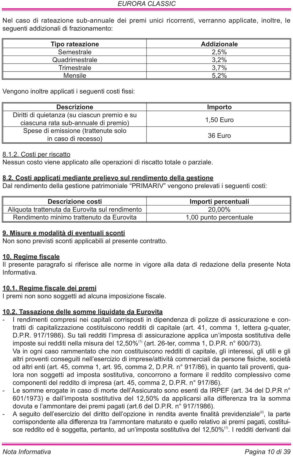 emissione (trattenute solo in caso di recesso) Importo 1,50 Euro 36 Euro 8.1.2.