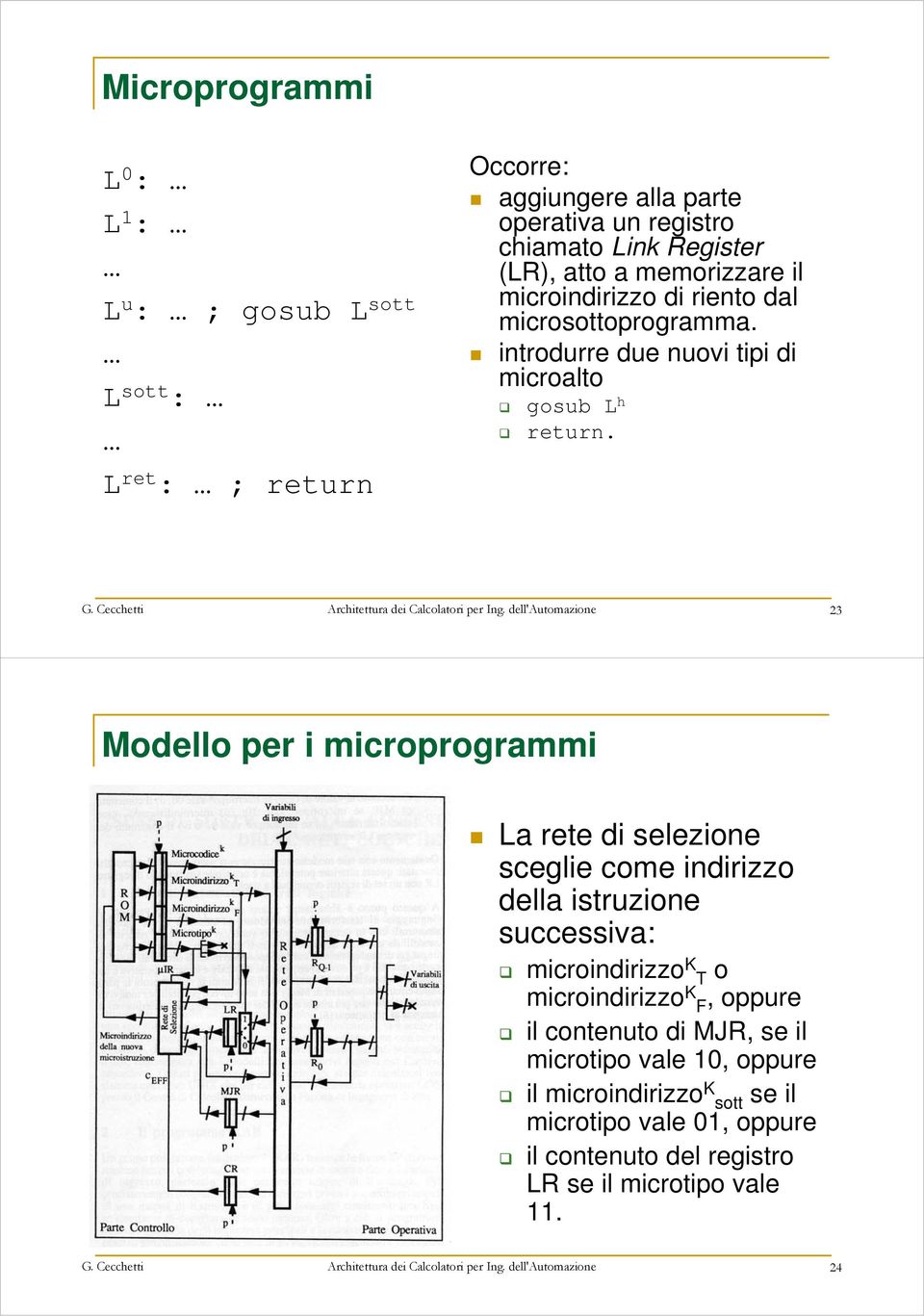 dell'automazione 23 Modello per i microprogrammi La rete di selezione sceglie come indirizzo della istruzione successiva: microindirizzo K T o microindirizzo K F, oppure il contenuto