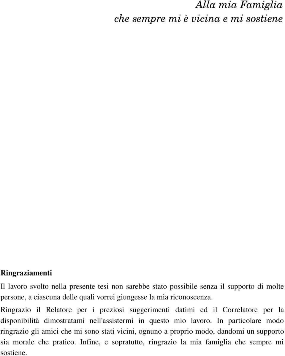 Ringrazio il Relatore per i preziosi suggerimenti datimi ed il Correlatore per la disponibilità dimostratami nell'assistermi in questo mio lavoro.