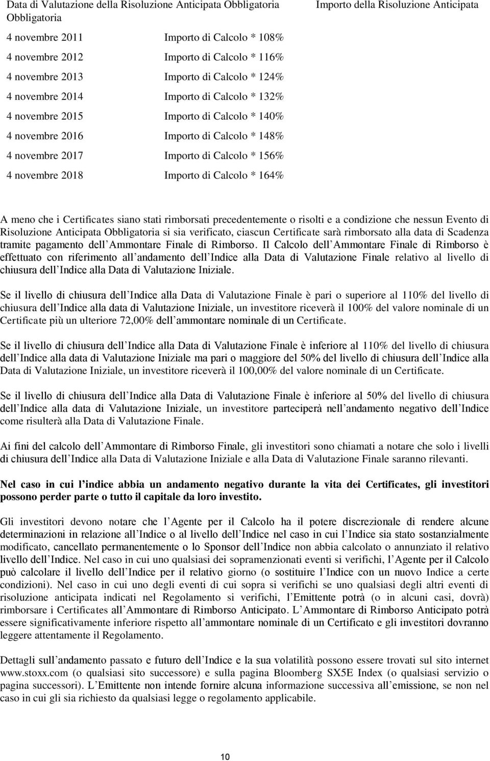 Calcolo * 164% Importo della Risoluzione Anticipata A meno che i Certificates siano stati rimborsati precedentemente o risolti e a condizione che nessun Evento di Risoluzione Anticipata Obbligatoria