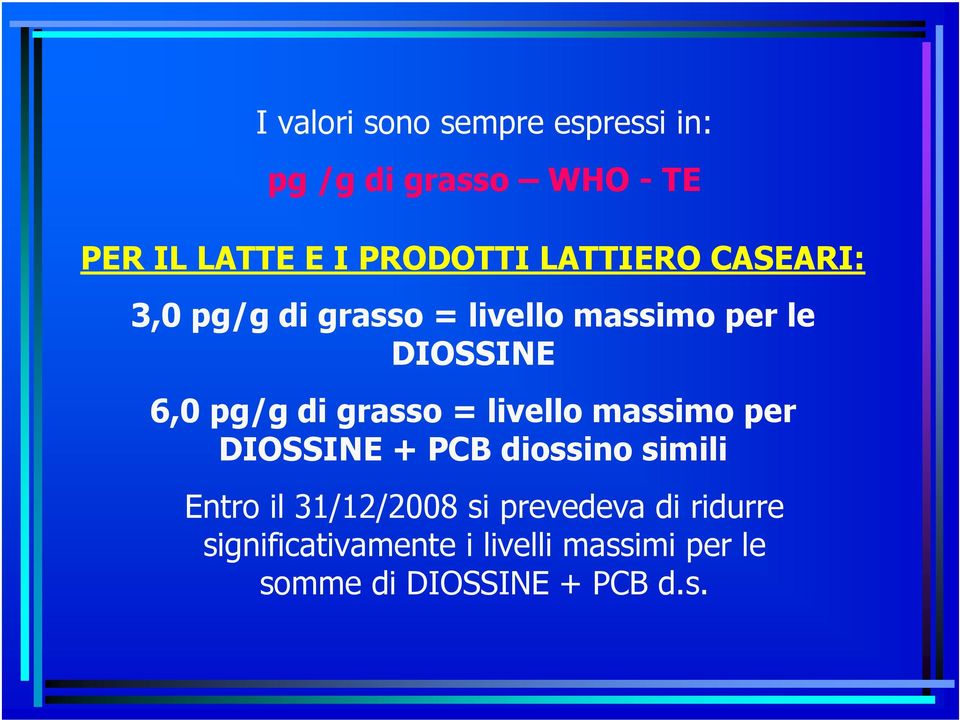 grasso = livello massimo per DIOSSINE + PCB diossino simili Entro il 31/12/2008 si