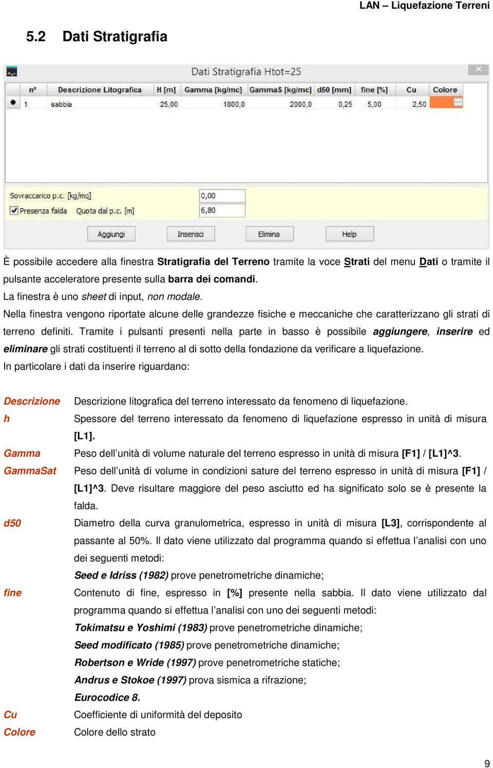 Tramite i pulsanti presenti nella parte in basso è possibile aggiungere, inserire ed eliminare gli strati costituenti il terreno al di sotto della fondazione da verificare a liquefazione.