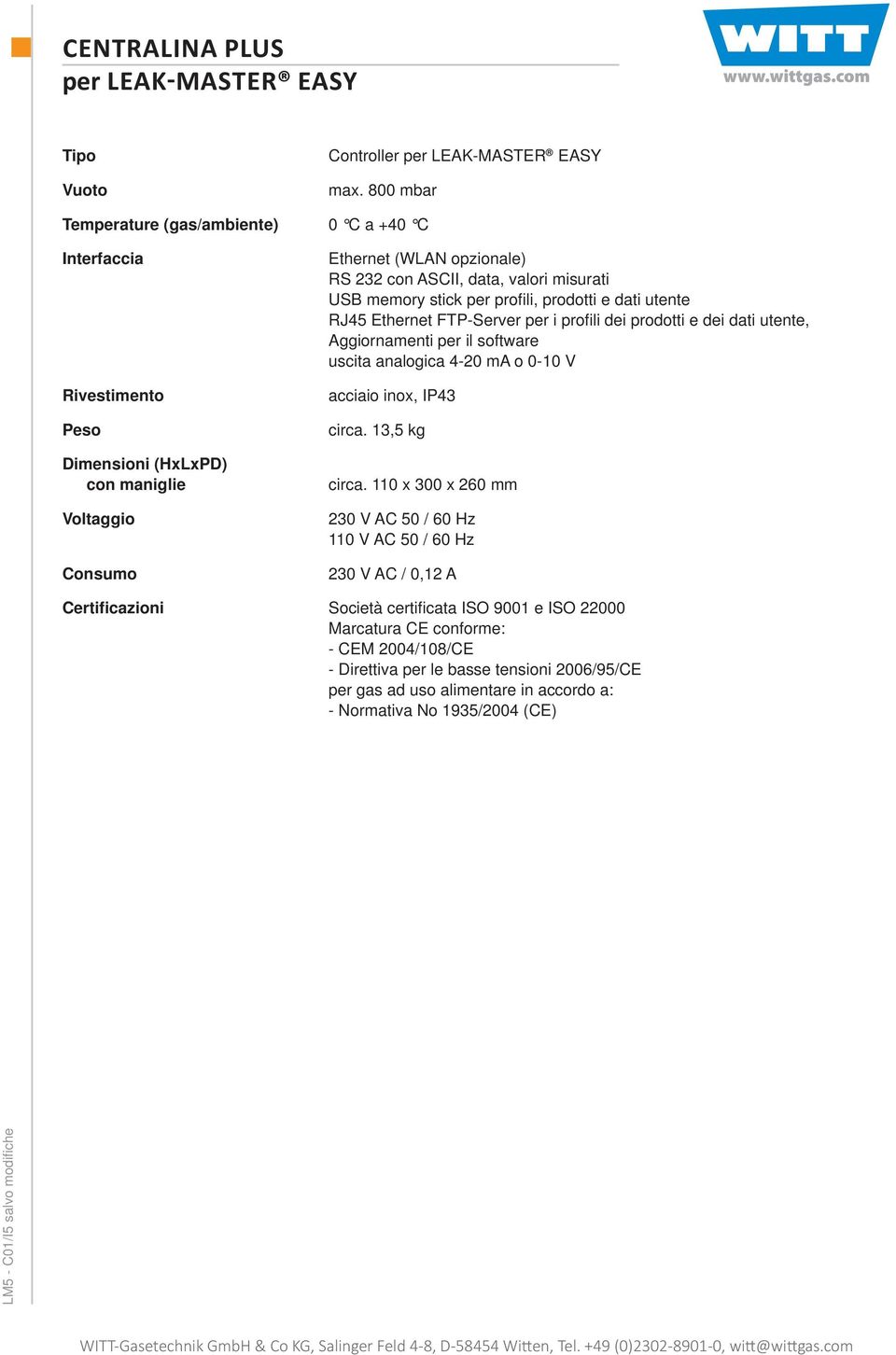 memory stick per profili, prodotti e dati utente RJ45 Ethernet FTP-Server per i profi li dei prodotti e dei dati utente, Aggiornamenti per il software uscita analogica 4-20 ma o 0-10 V acciaio inox,