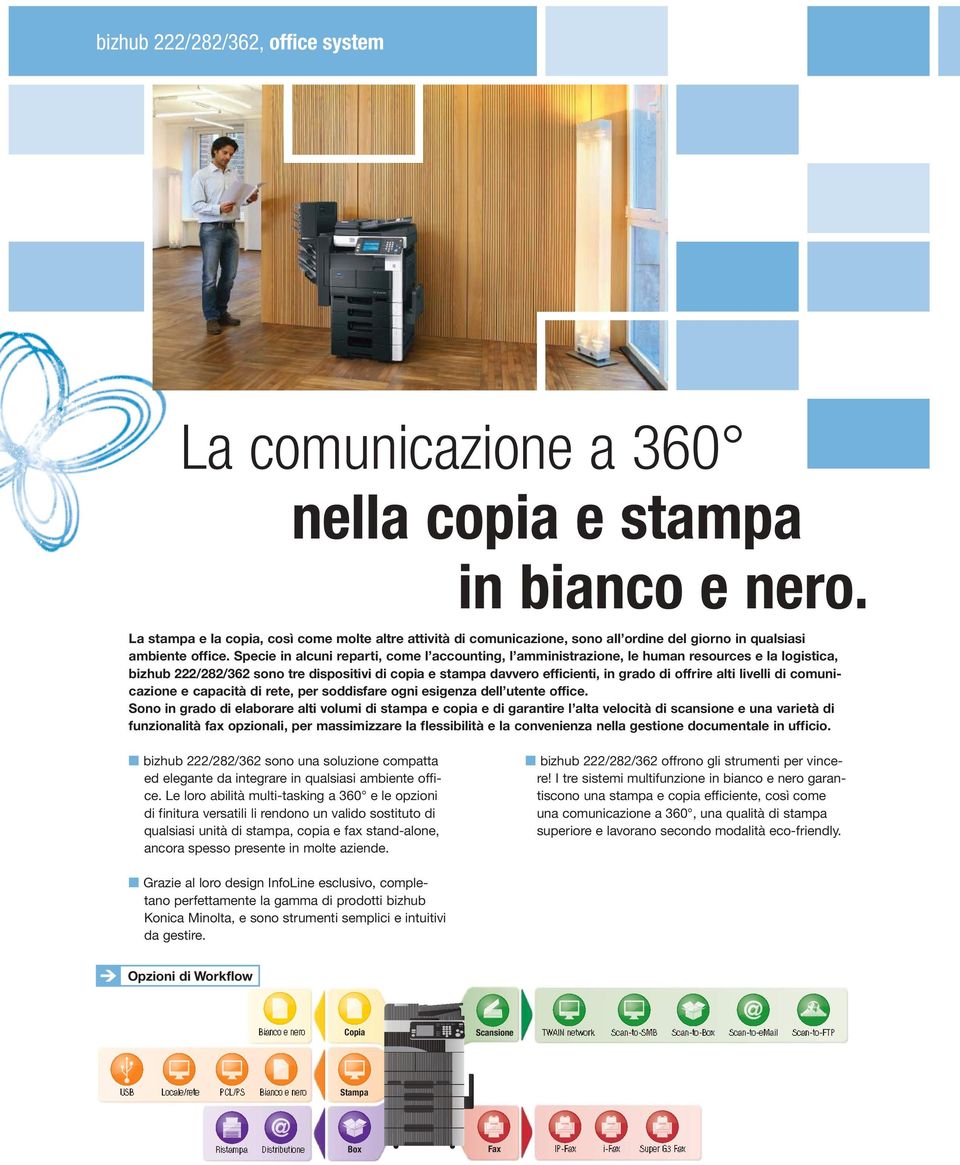 Specie in alcuni reparti, come l accounting, l amministrazione, le human resources e la logistica, bizhub 222/282/362 sono tre dispositivi di copia e stampa davvero efficienti, in grado di offrire