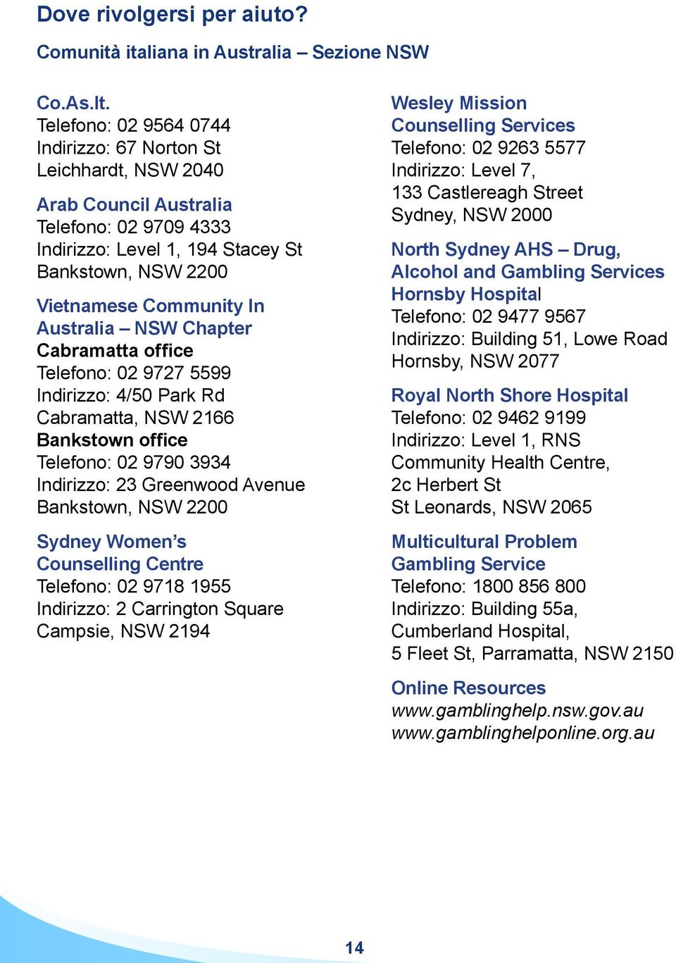 Australia NSW Chapter Cabramatta office Telefono: 02 9727 5599 Indirizzo: 4/50 Park Rd Cabramatta, NSW 2166 Bankstown office Telefono: 02 9790 3934 Indirizzo: 23 Greenwood Avenue Bankstown, NSW 2200