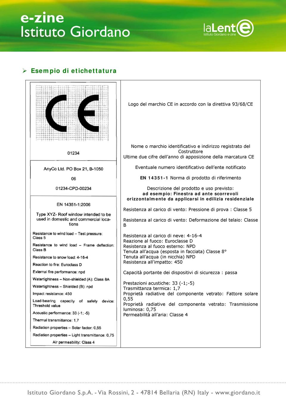 orizzontalmente da applicarsi in edilizia residenziale Resistenza al carico di vento: Pressione di prova : Classe 5 Resistenza al carico di vento: Deformazione del telaio: Classe B Resistenza al