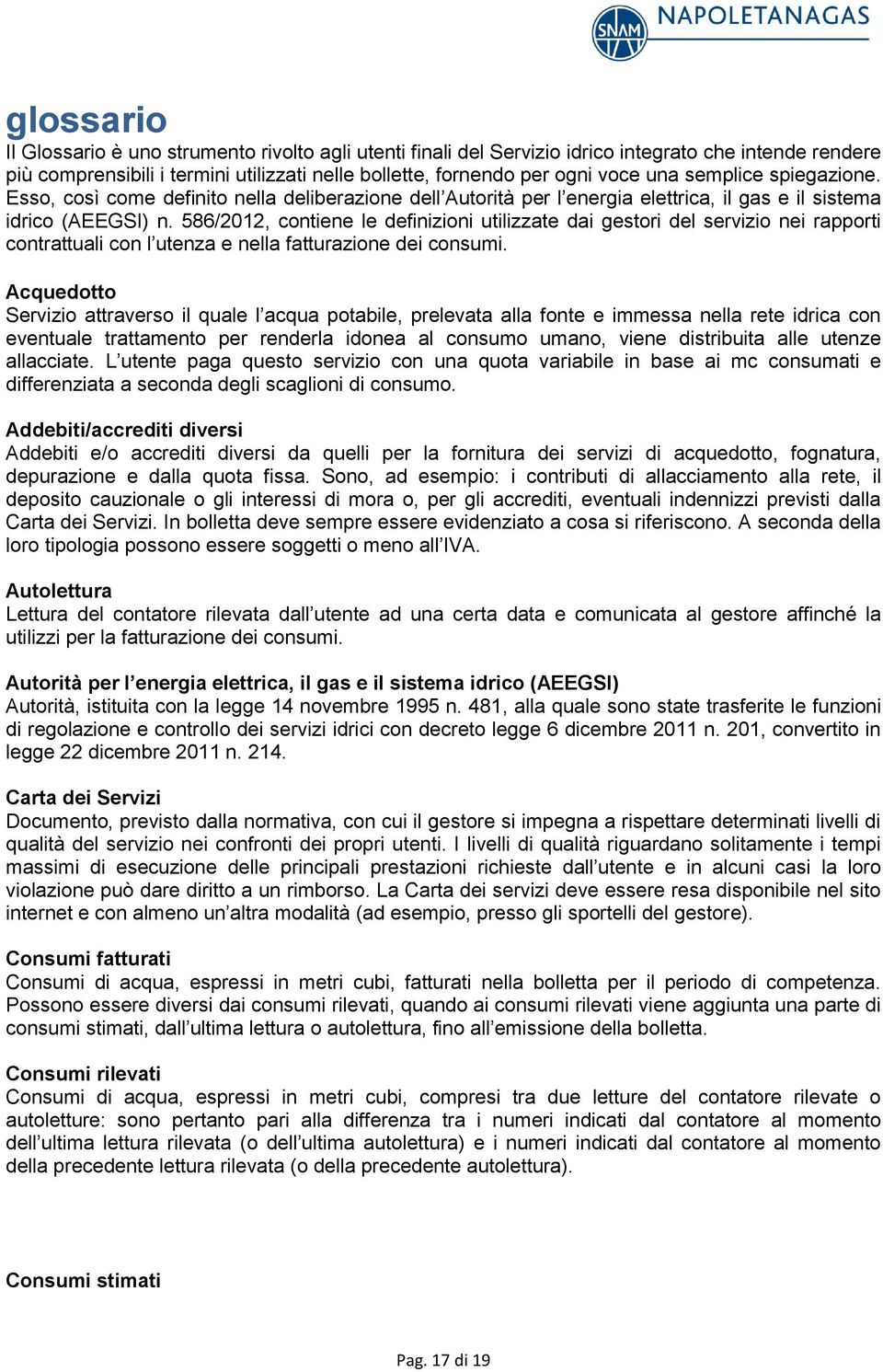 586/2012, contiene le definizioni utilizzate dai gestori del servizio nei rapporti contrattuali con l utenza e nella fatturazione dei consumi.