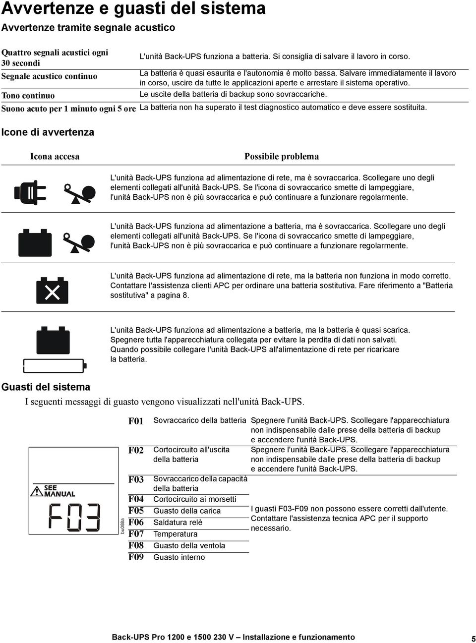 Salvare immediatamente il lavoro in corso, uscire da tutte le applicazioni aperte e arrestare il sistema operativo. Le uscite della batteria di backup sono sovraccariche.