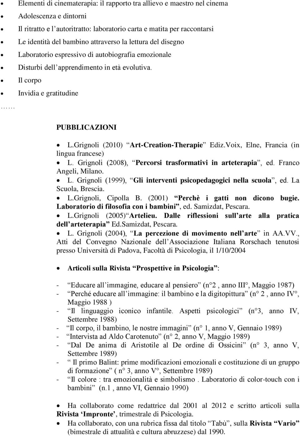 Grignoli (2010) Art-Creation-Therapie Ediz.Voix, Elne, Francia (in lingua francese) L. Grignoli (2008), Percorsi trasformativi in arteterapia, ed. Franco Angeli, Milano. L. Grignoli (1999), Gli interventi psicopedagogici nella scuola, ed.