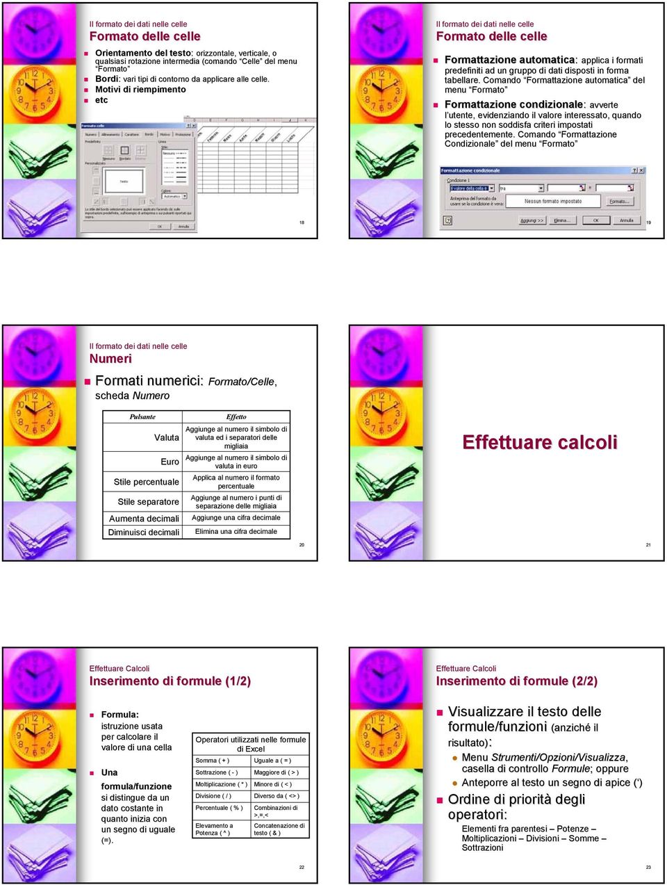 Motivi di riempimento etc Il formato dei dati nelle celle Formato delle celle Formattazione automatica: applica i formati predefiniti ad un gruppo di dati disposti in forma tabellare.