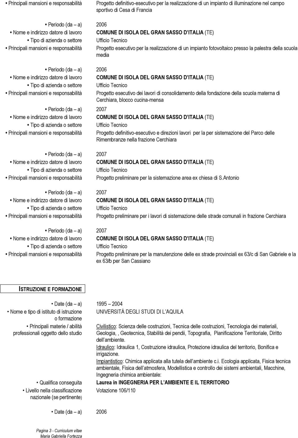 Cerchiara, blcc cucina-mensa Perid (da a) 2007 Principali mansini e respnsabilità Prgett definitiv-esecutiv e direzini lavri per la per sistemazine del Parc delle Rimembranze nella frazine Cerchiara