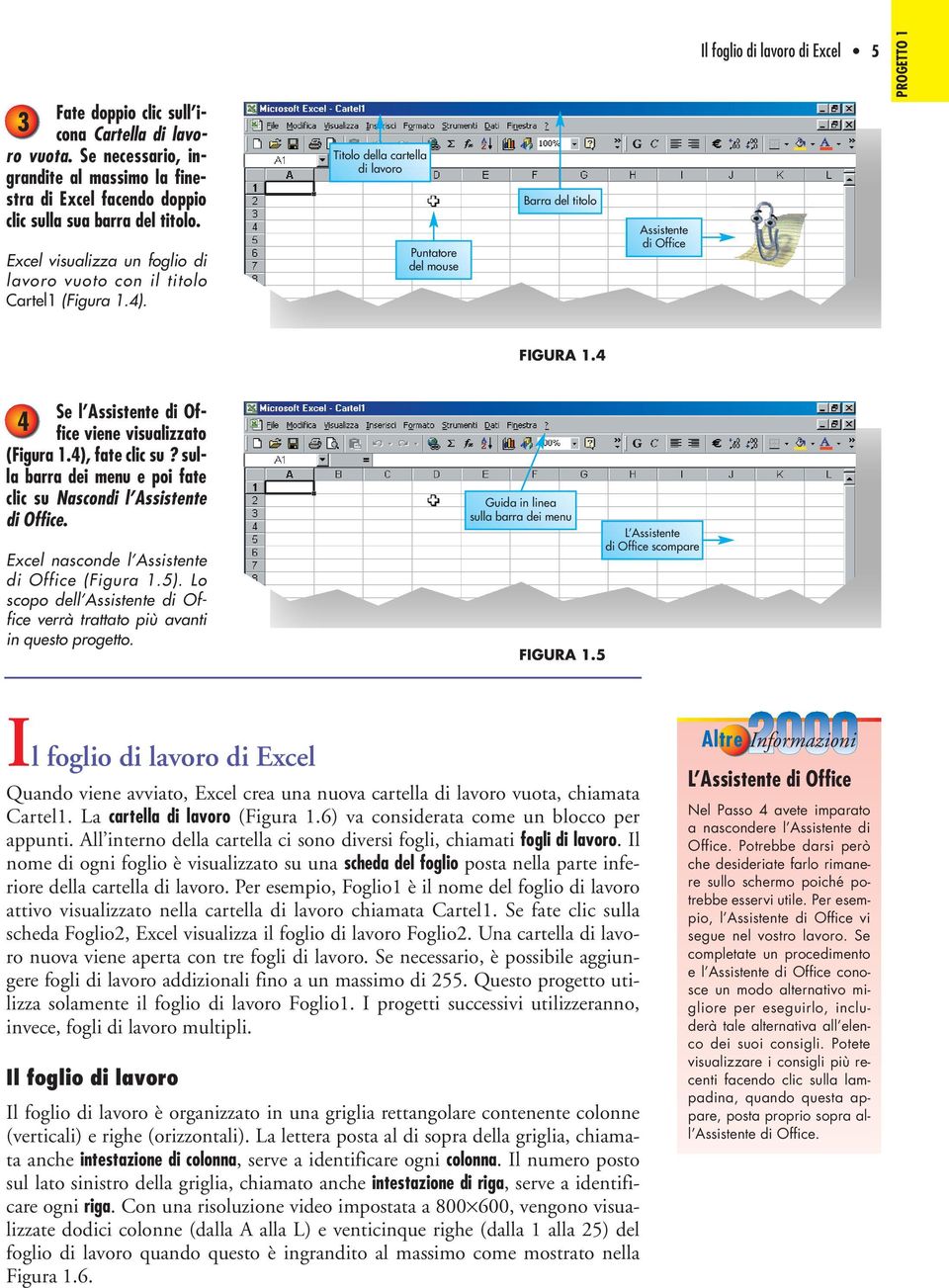 Titolo della cartella di lavoro Puntatore del mouse Barra del titolo Assistente di Office Il foglio di lavoro di Excel 5 PROGETTO FIGURA.4 Se l Assistente di Office viene visualizzato 4 (Figura.