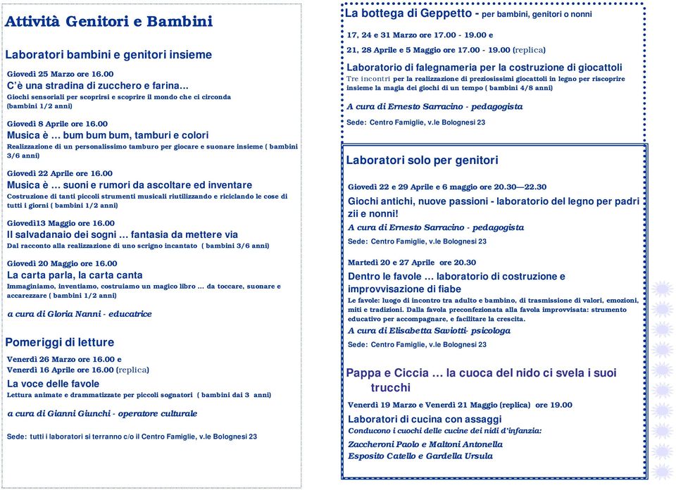 00 Musica è bum bum bum, tamburi e colori Realizzazione di un personalissimo tamburo per giocare e suonare insieme ( bambini 3/6 anni) Giovedì 22 Aprile ore 16.