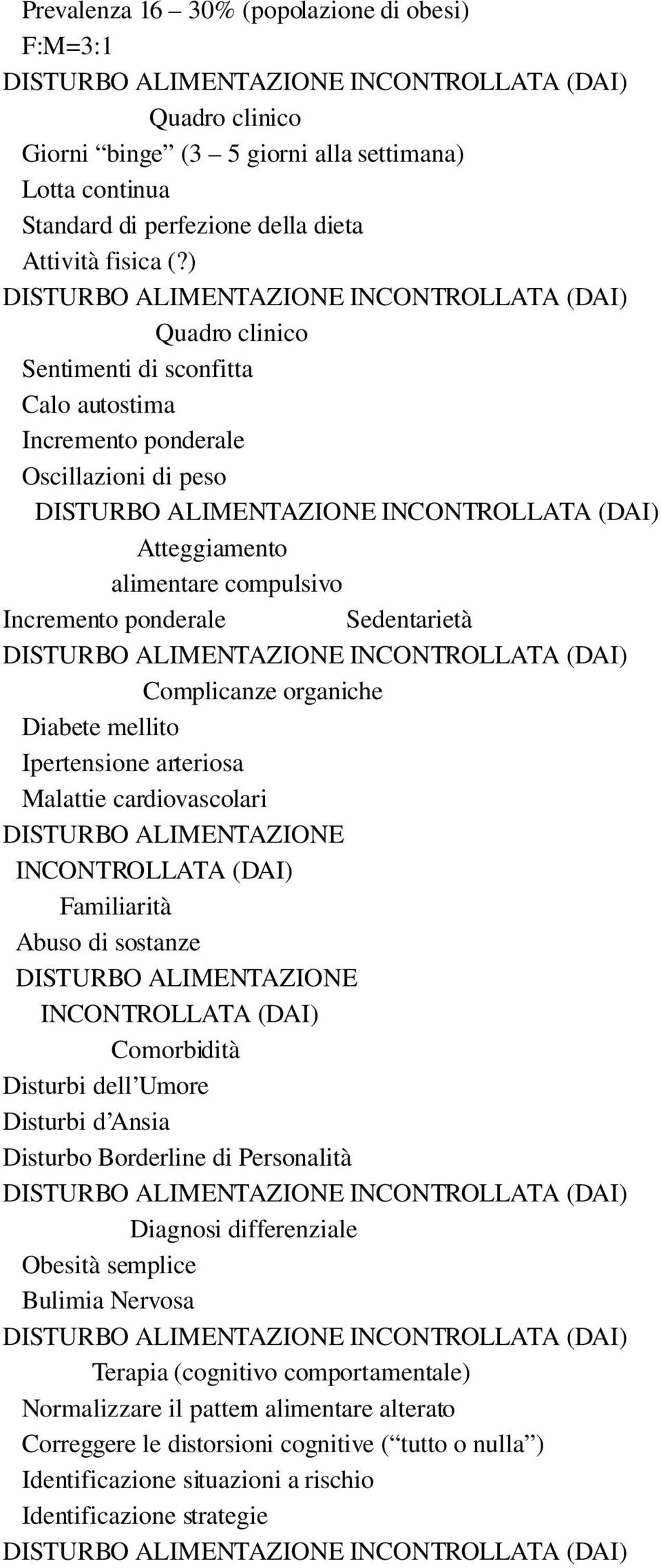 mellito Ipertensione arteriosa Malattie cardiovascolari DISTURBO ALIMENTAZIONE INCONTROLLATA (DAI) Familiarità Abuso di sostanze DISTURBO ALIMENTAZIONE INCONTROLLATA (DAI) Comorbidità Disturbi dell