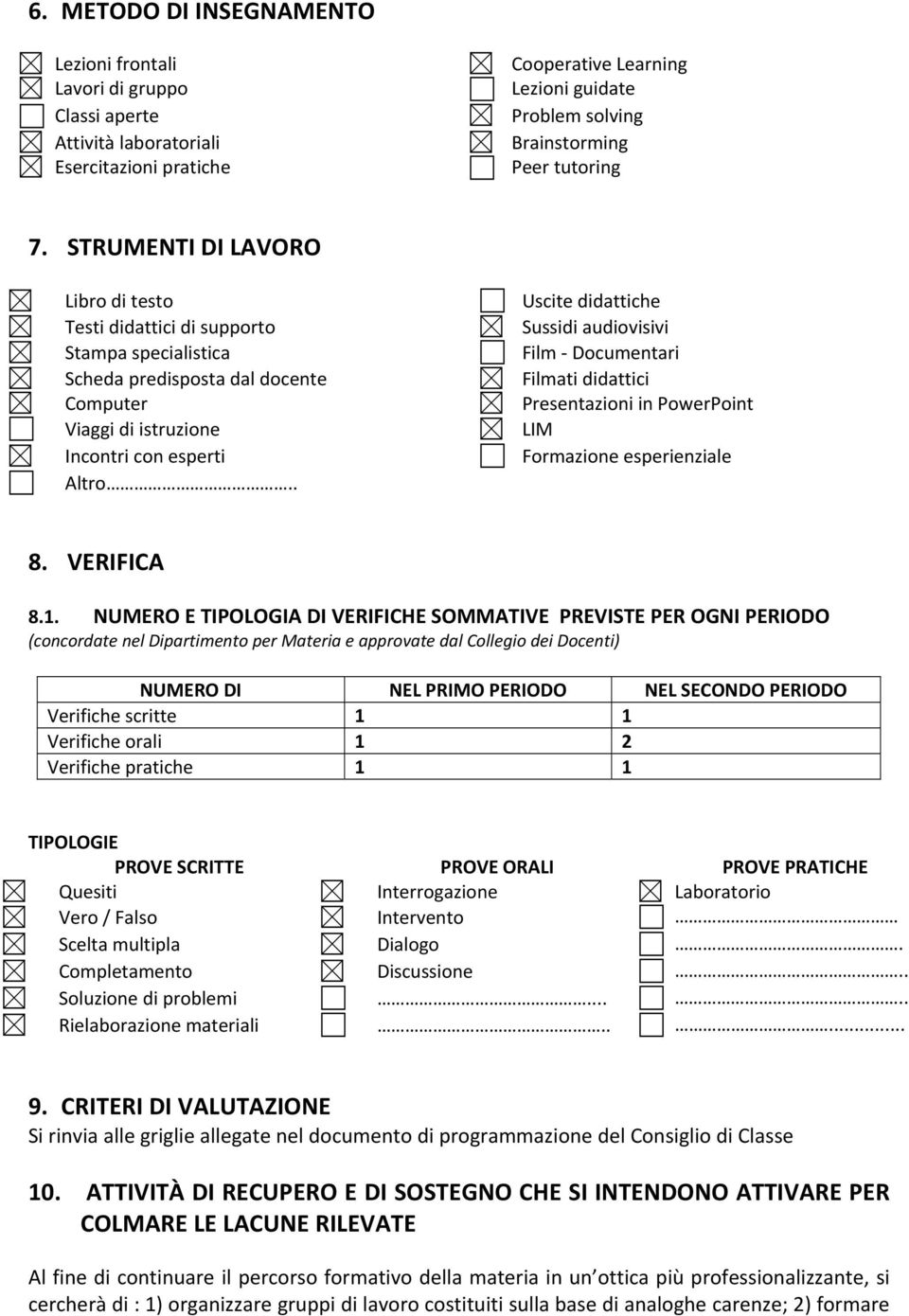 . Uscite didattiche Sussidi audiovisivi Film Documentari Filmati didattici Presentazioni in PowerPoint LIM Formazione esperienziale 8. VERIFICA 8.1.