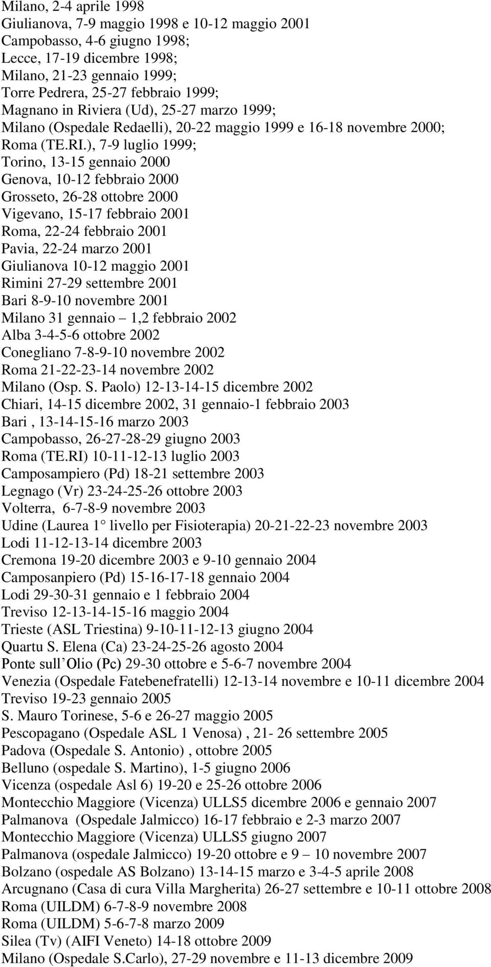 ), 7-9 luglio 1999; Torino, 13-15 gennaio 2000 Genova, 10-12 febbraio 2000 Grosseto, 26-28 ottobre 2000 Vigevano, 15-17 febbraio 2001 Roma, 22-24 febbraio 2001 Pavia, 22-24 marzo 2001 Giulianova