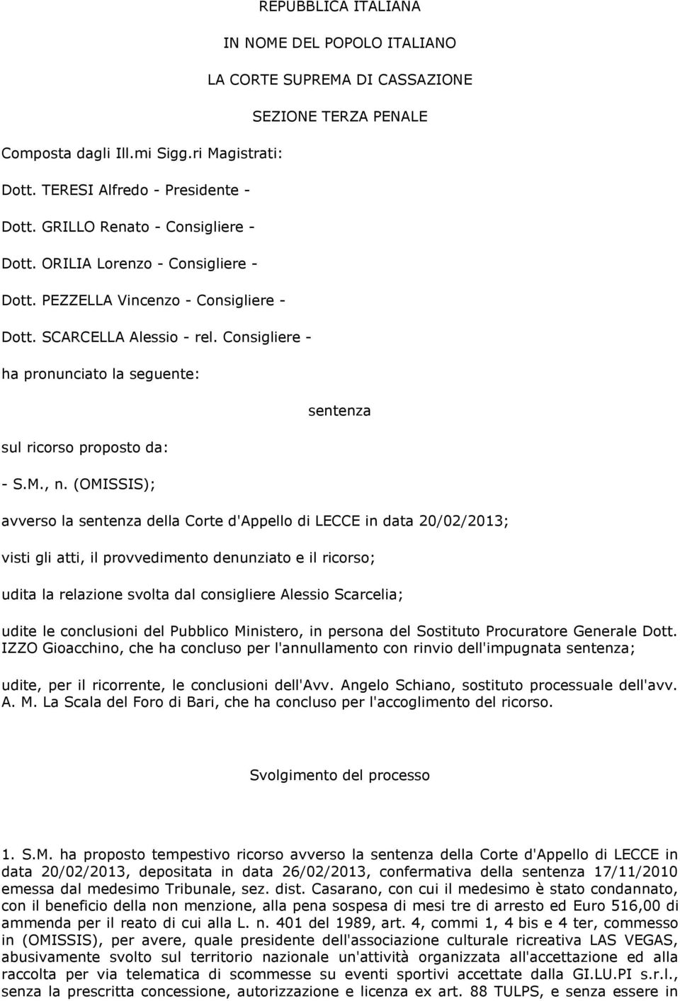(OMISSIS); REPUBBLICA ITALIANA IN NOME DEL POPOLO ITALIANO LA CORTE SUPREMA DI CASSAZIONE SEZIONE TERZA PENALE sentenza avverso la sentenza della Corte d'appello di LECCE in data 20/02/2013; visti