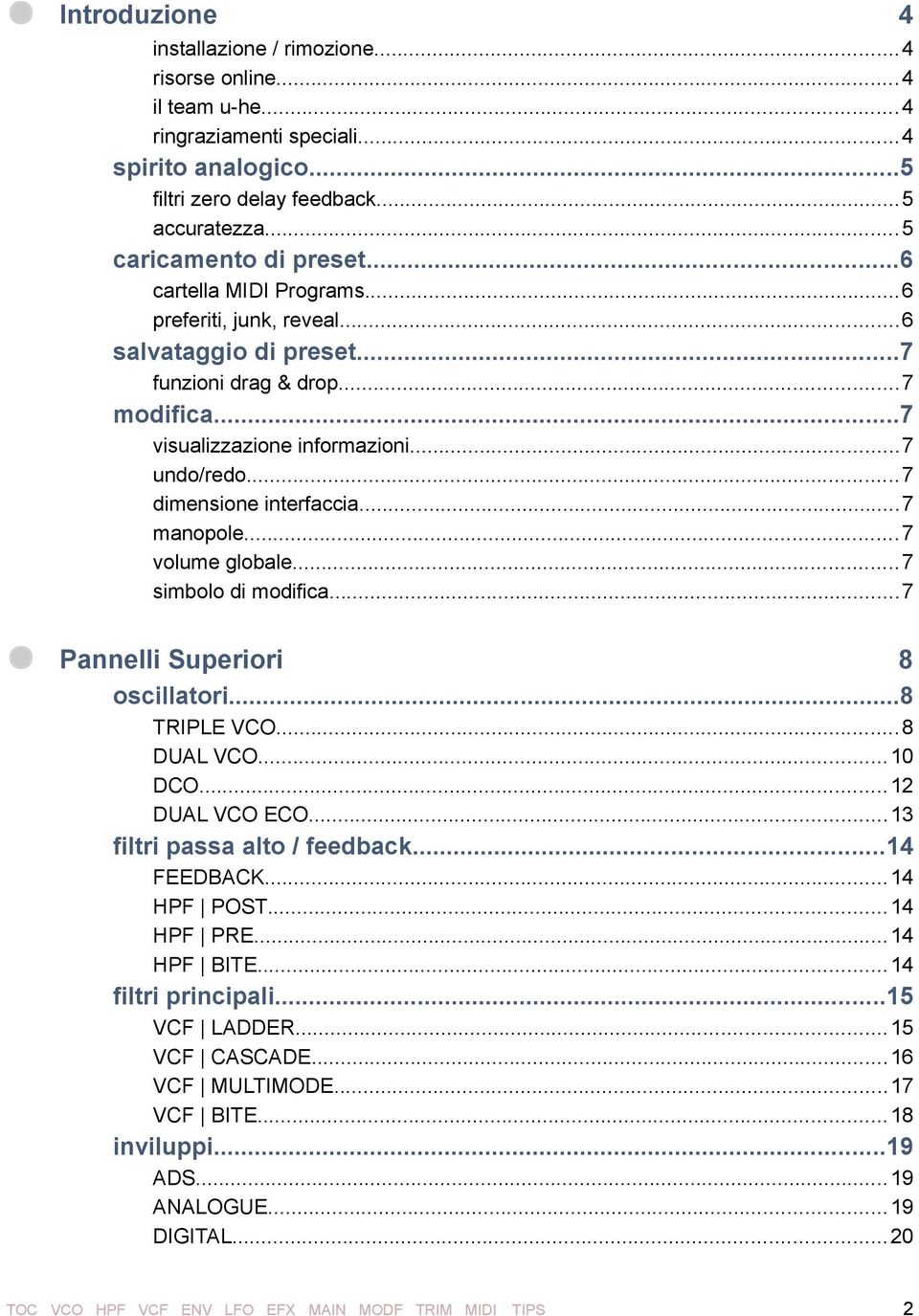 ..7 dimensione interfaccia...7 manopole... 7 volume globale...7 simbolo di modifica...7 Pannelli Superiori 8 oscillatori...8 TRIPLE VCO... 8 DUAL VCO... 10 DCO... 12 DUAL VCO ECO.
